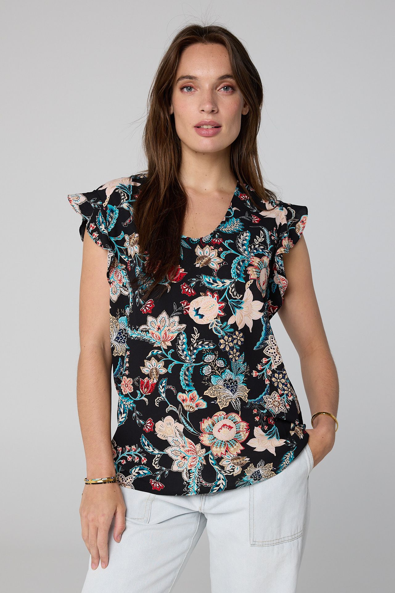 Norah Top met ruches turquoise multicolor 211728-474