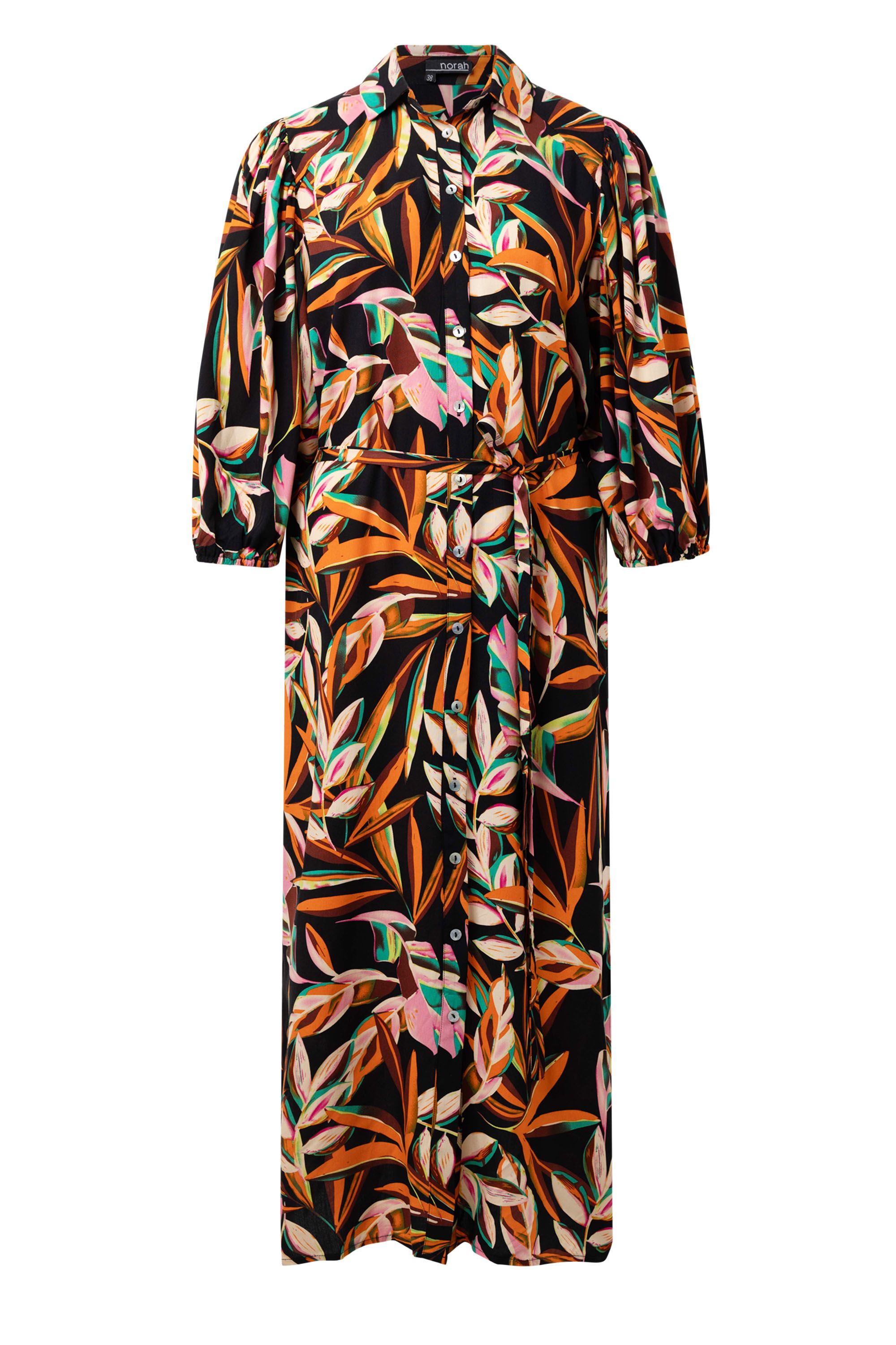 Norah Zwarte midi jurk met botanische print multicolor 214621-002