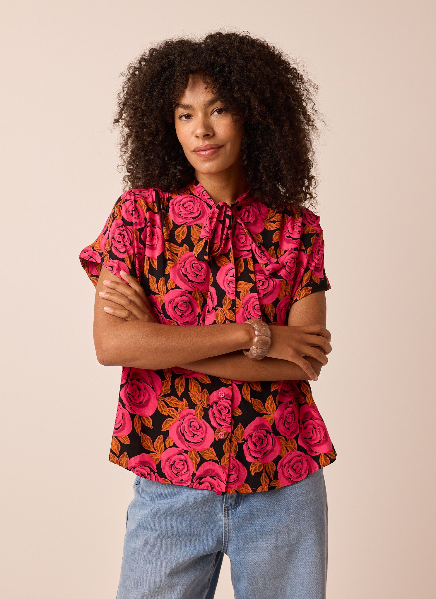 Norah Roze blouse met rozenprint black/pink 215000-039