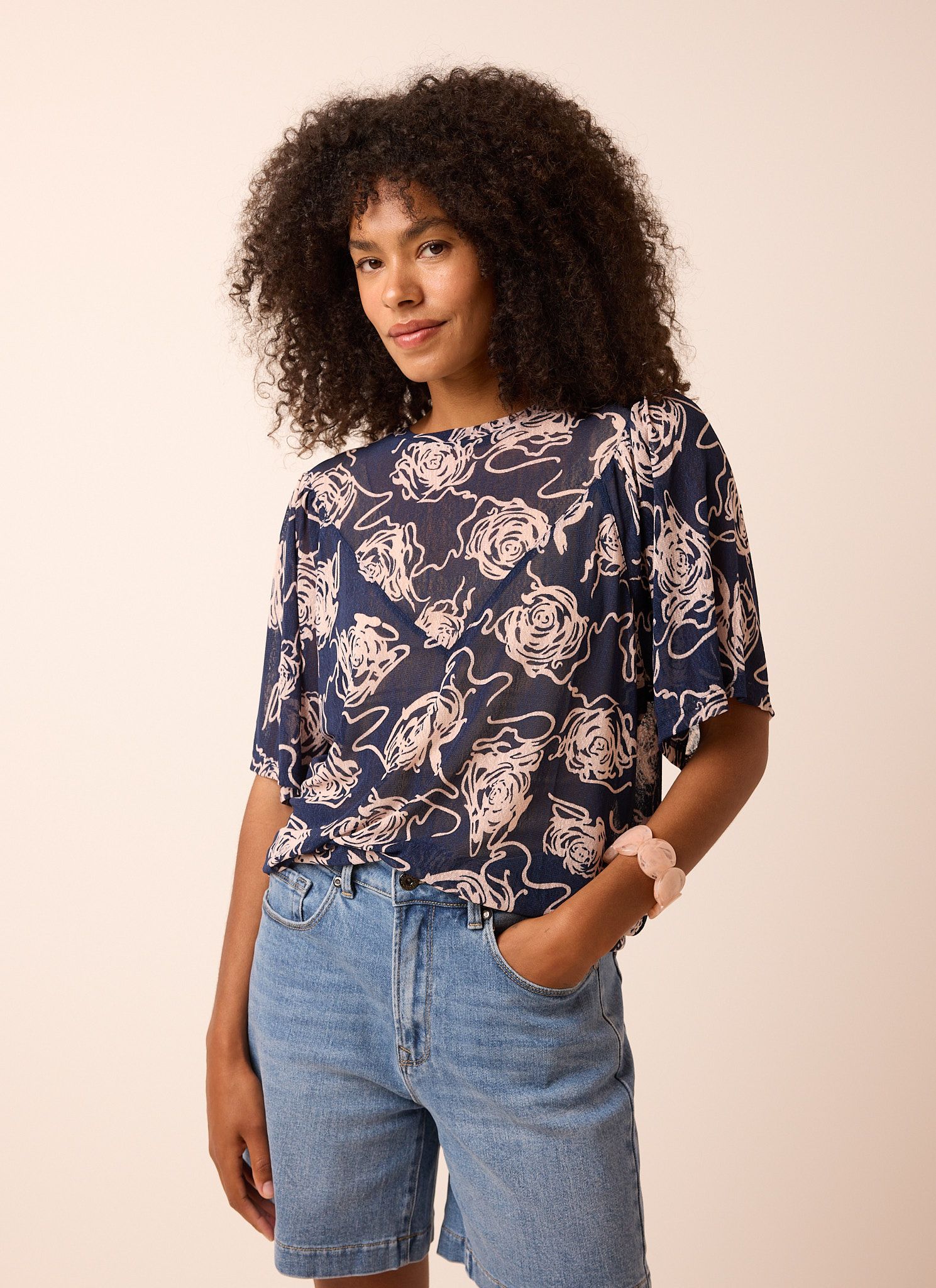 Norah Blauwe top met rozen pink/blue 215059-934