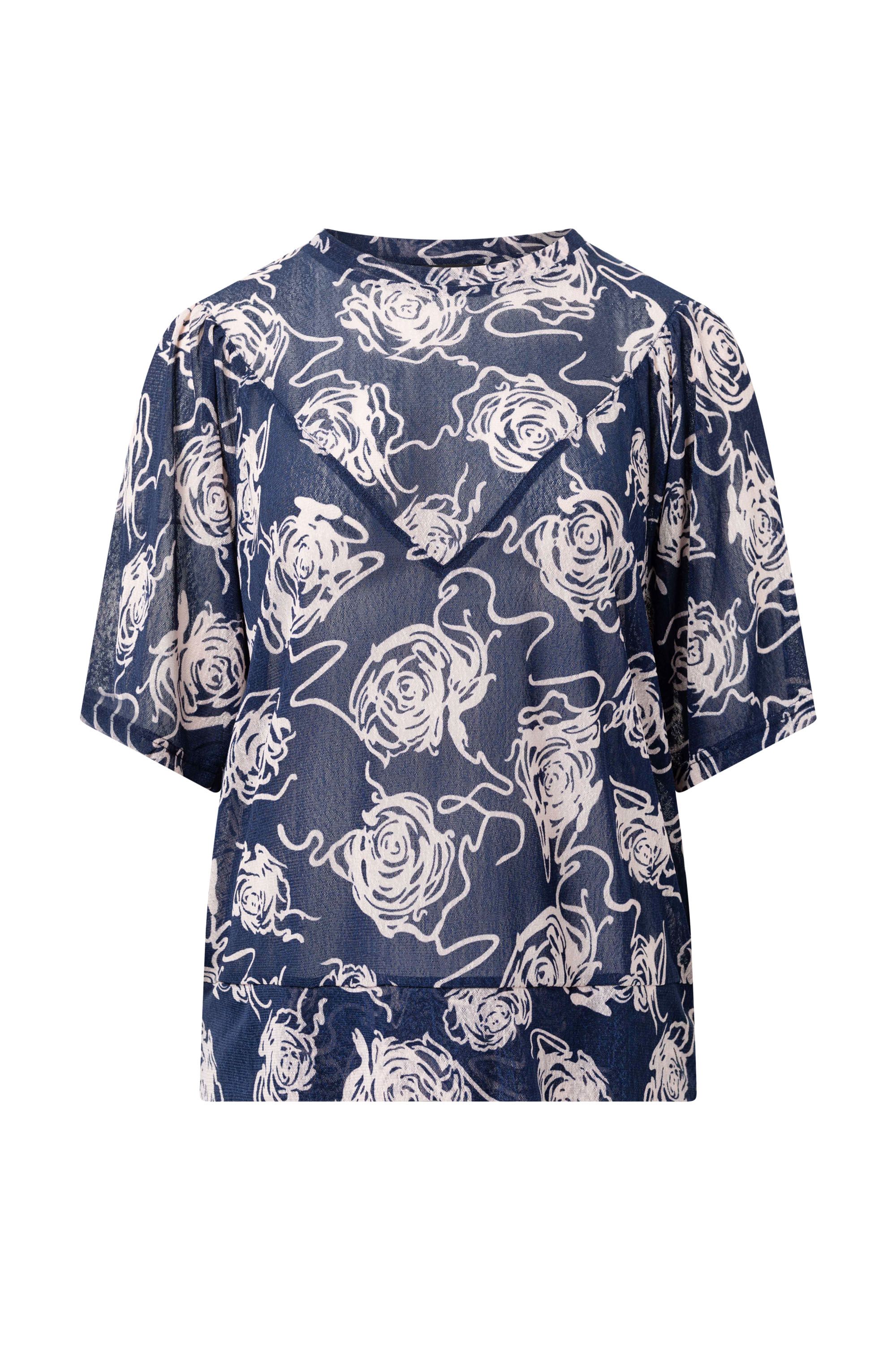 Norah Blauwe top met rozen pink/blue 215059-934