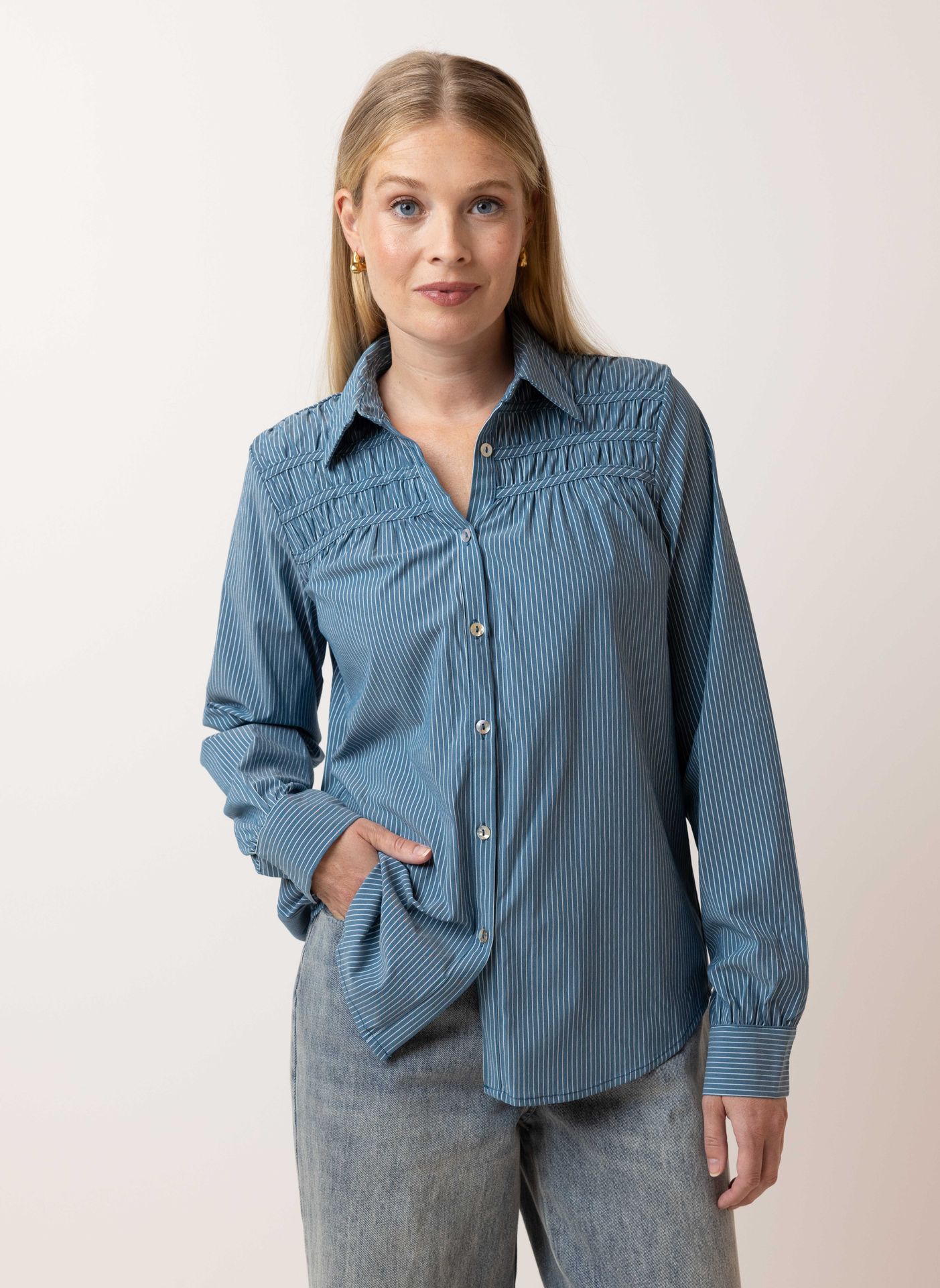  Blauwe blouse gestreept teal 215291-666-38