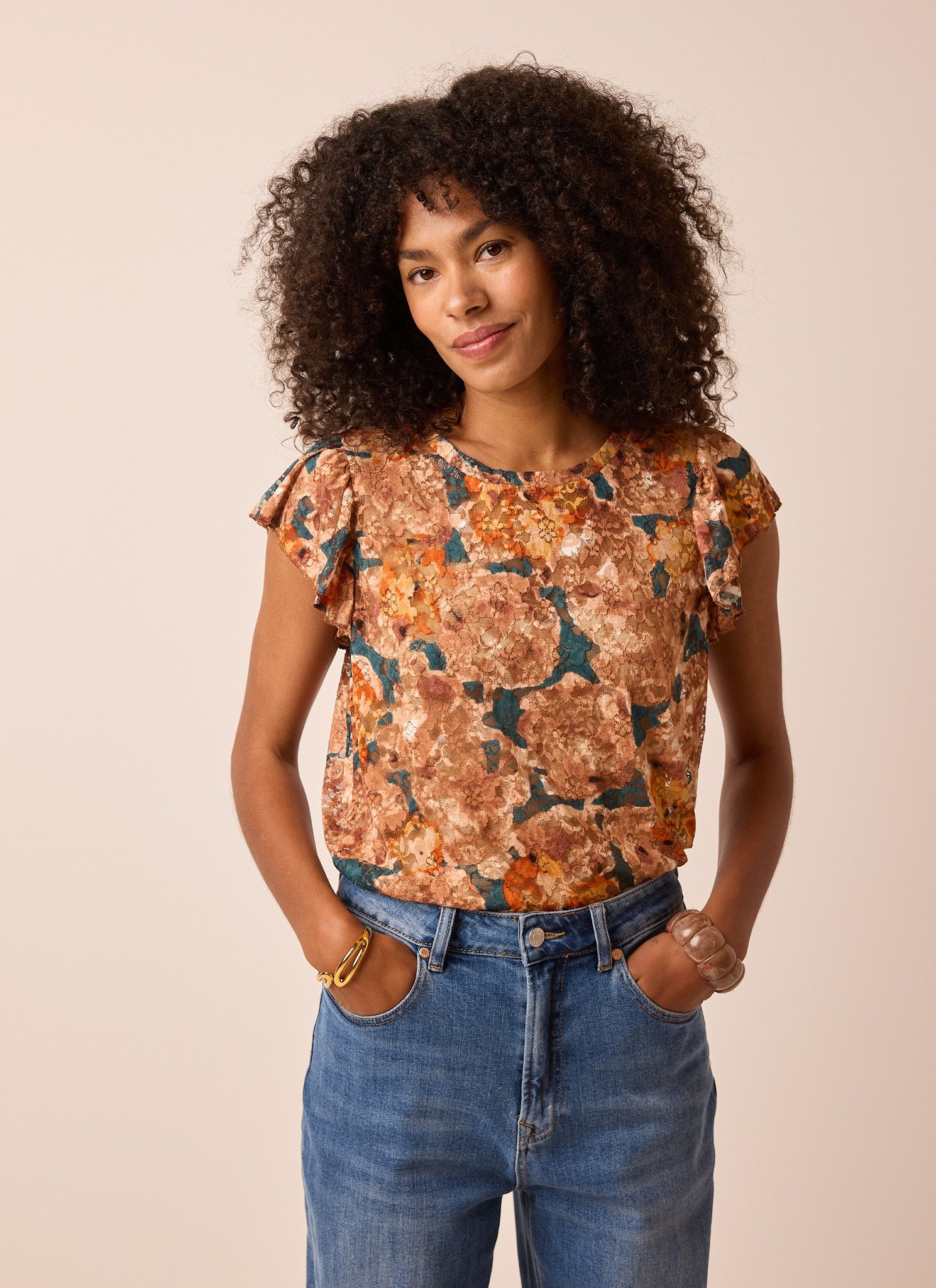 Norah Mesh shirt met bloemenprint petrol blue multicolor 215507-494