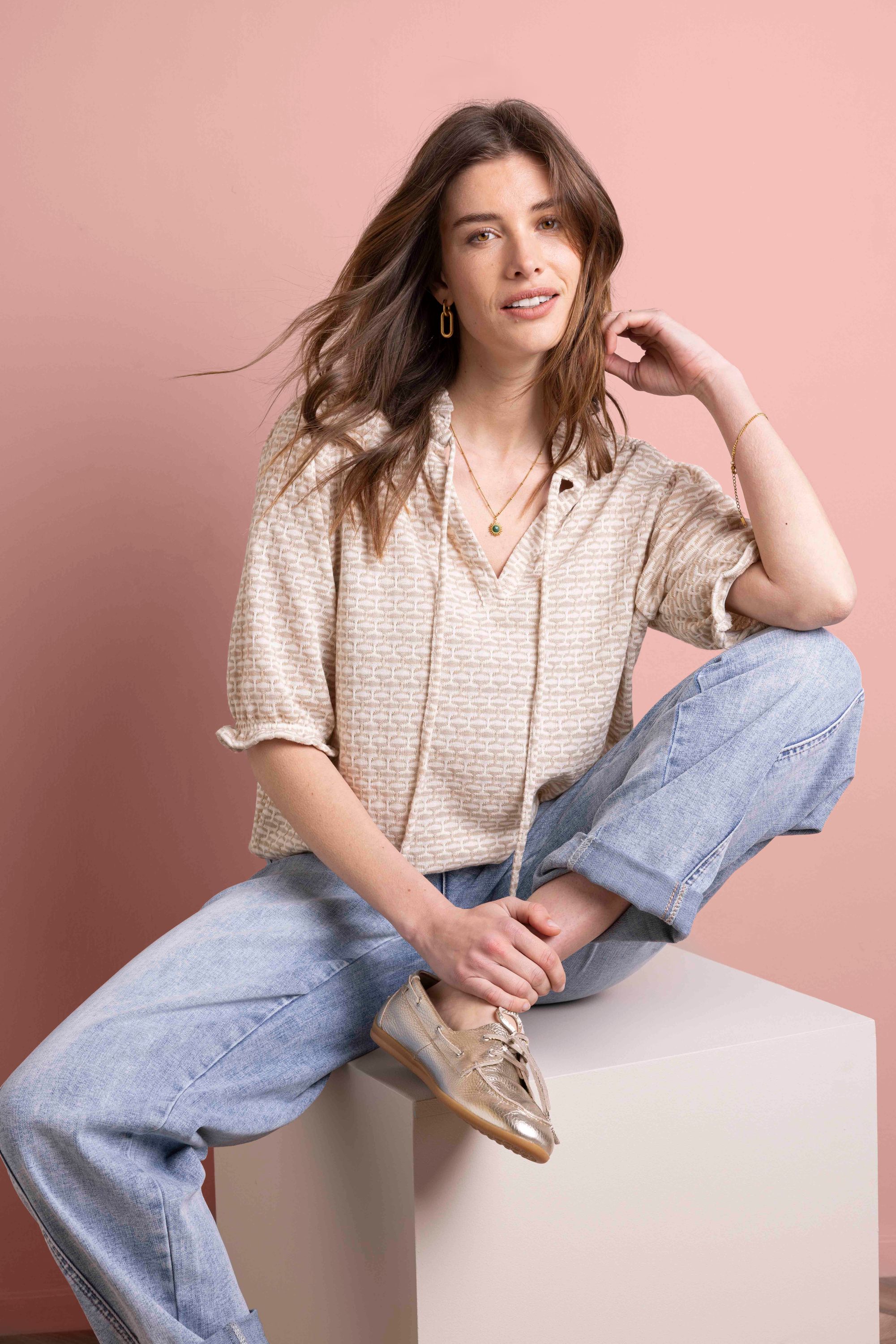 Norah Zandkleurig shirt met grafische print sand melange 215565-151