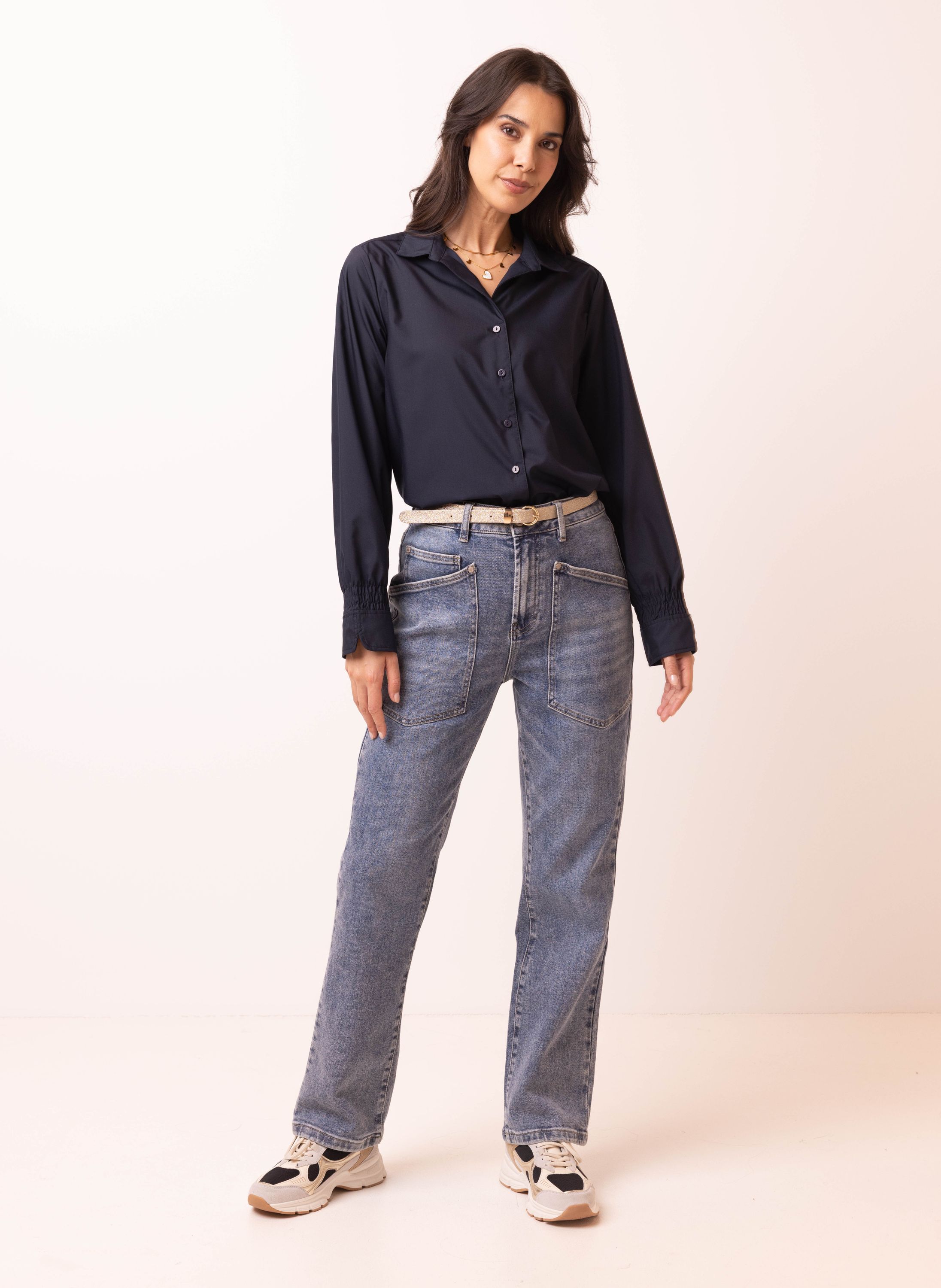 Norah Donkerblauwe blouse met smokdetail navy 215649-492