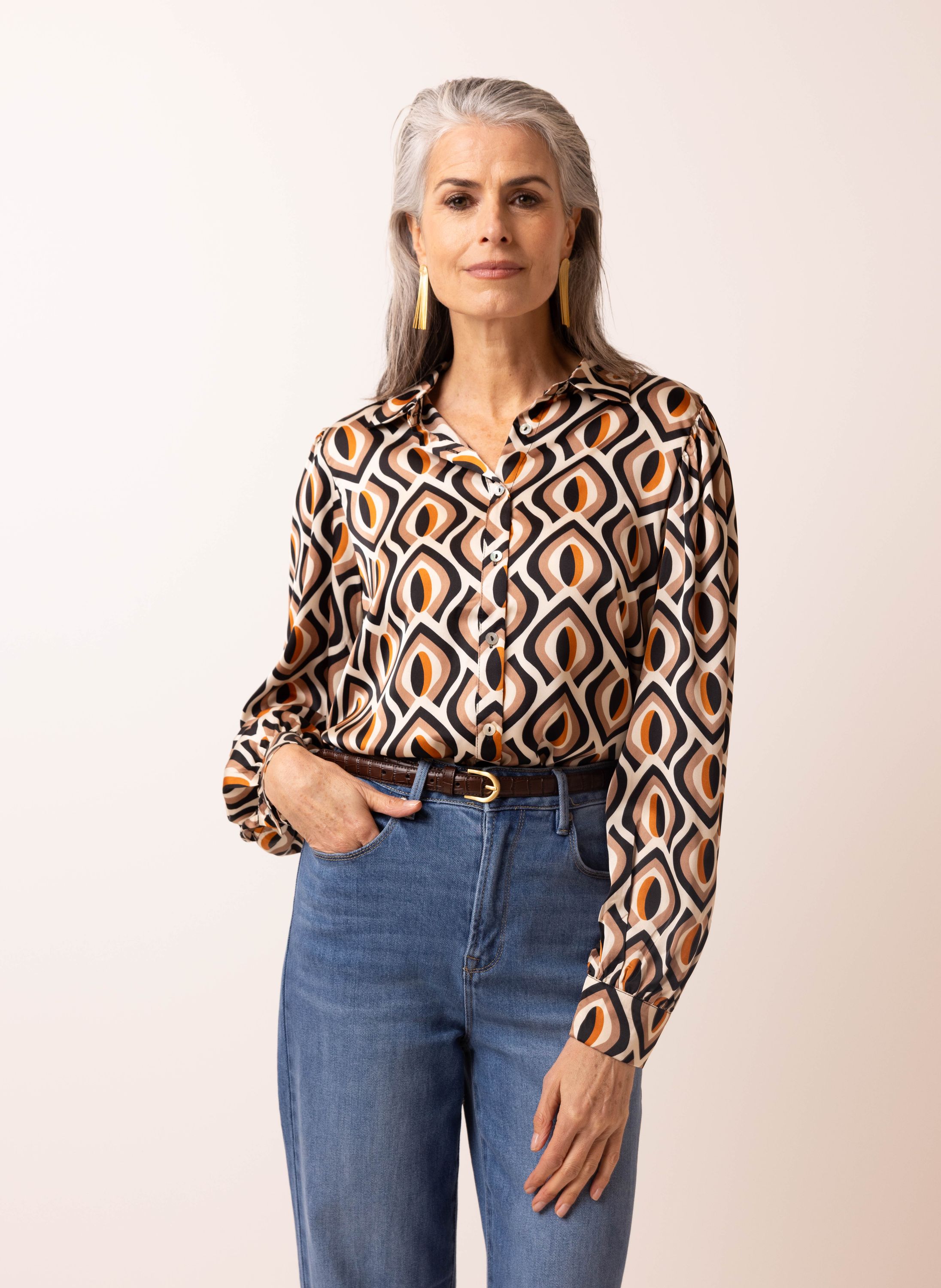Norah Bruine blouse met grafisch dessin Brown/Ecru 215682-241