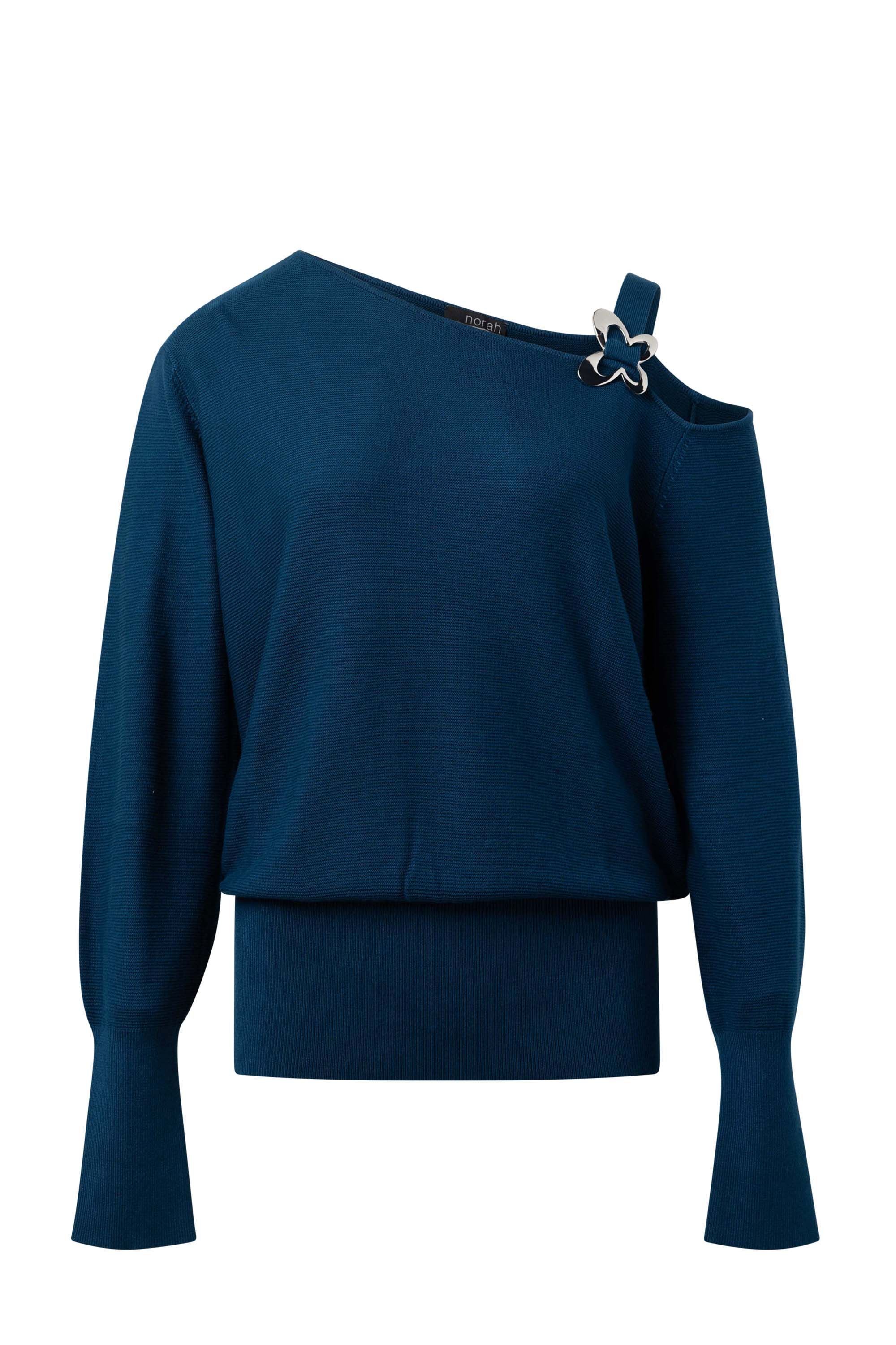 Norah Blauwe trui met open schouder petrol blue 215704-495