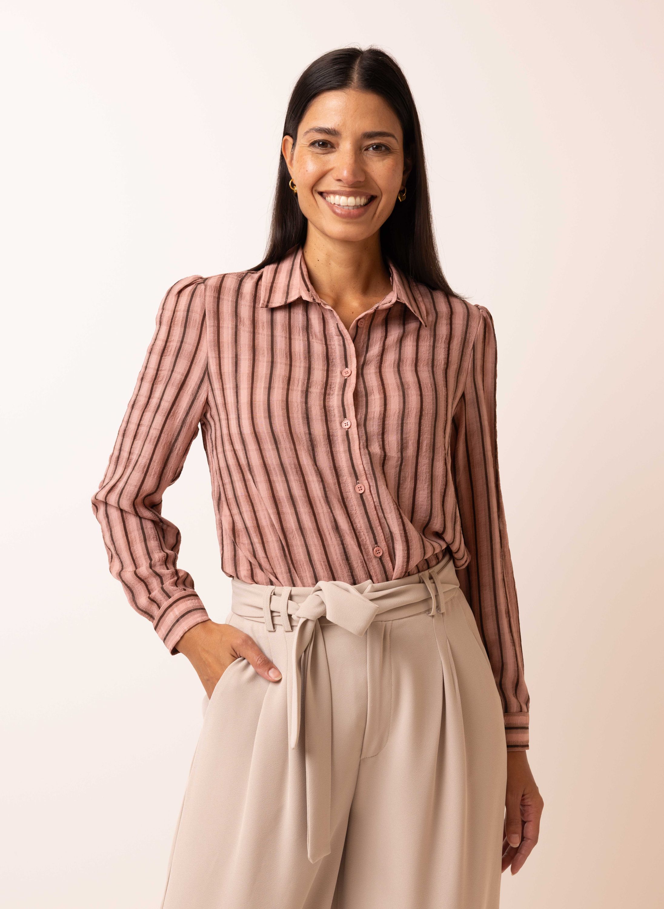 Norah Roze blouse met bruine strepen pink/brown 216125-932