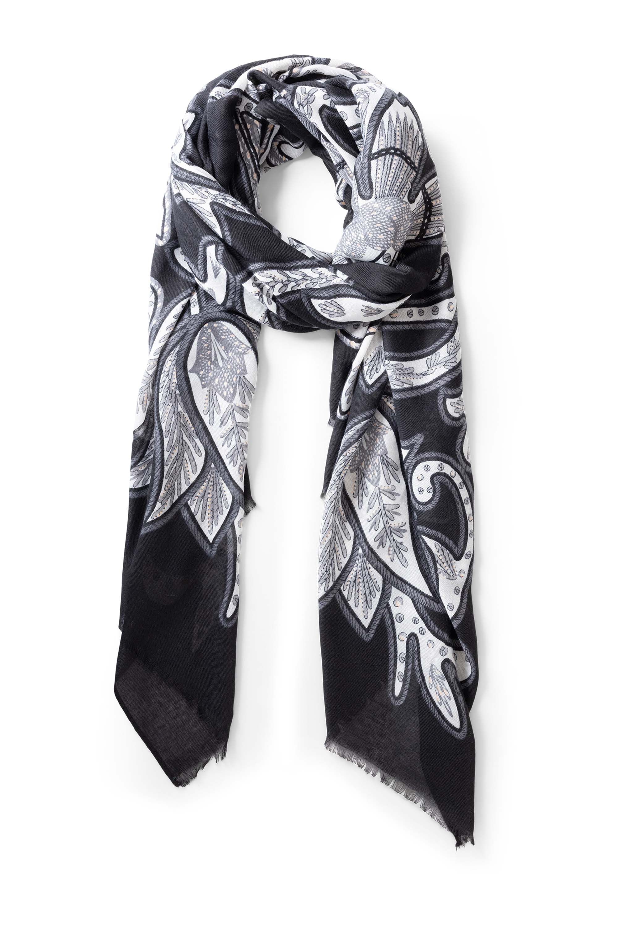 Norah Zwarte sjaal met grafisch dessin en rafelrand black/white 216140-031