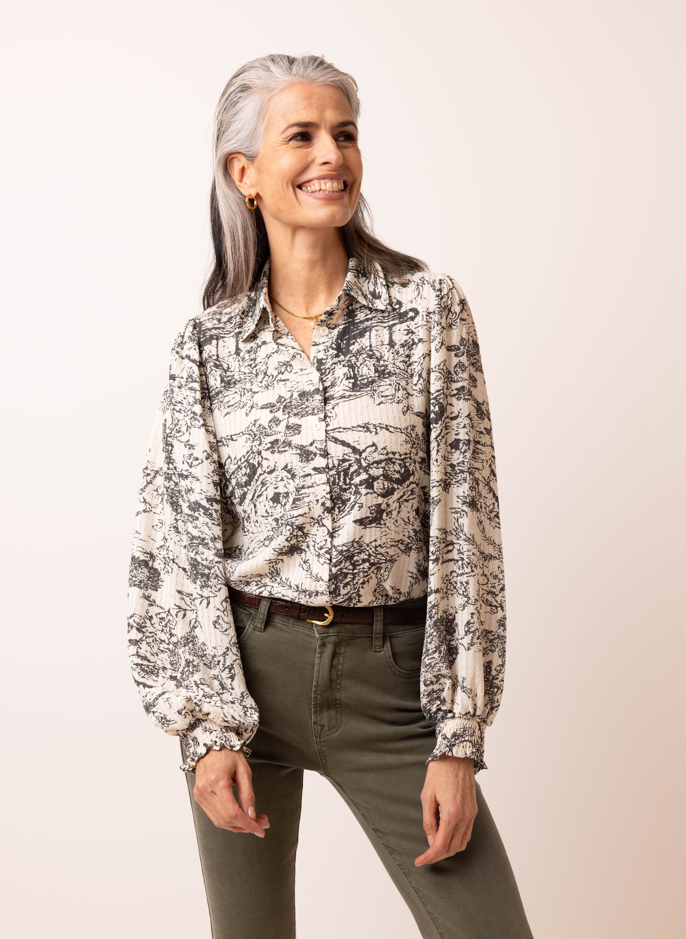 Norah Witte blouse met grijs dessin grey/ecru 216327-081