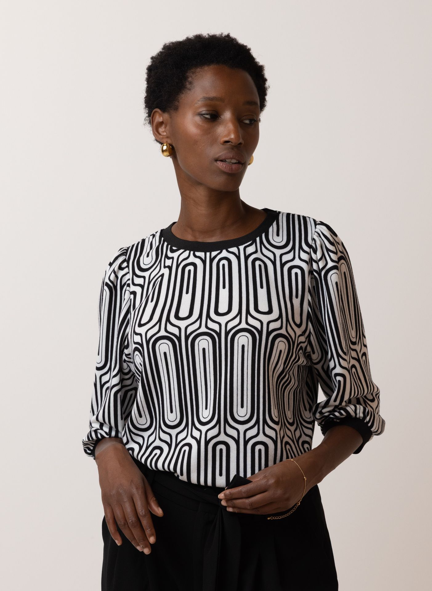 Norah Zwart/wit shirt met retro print black/ecru 216452-041-48