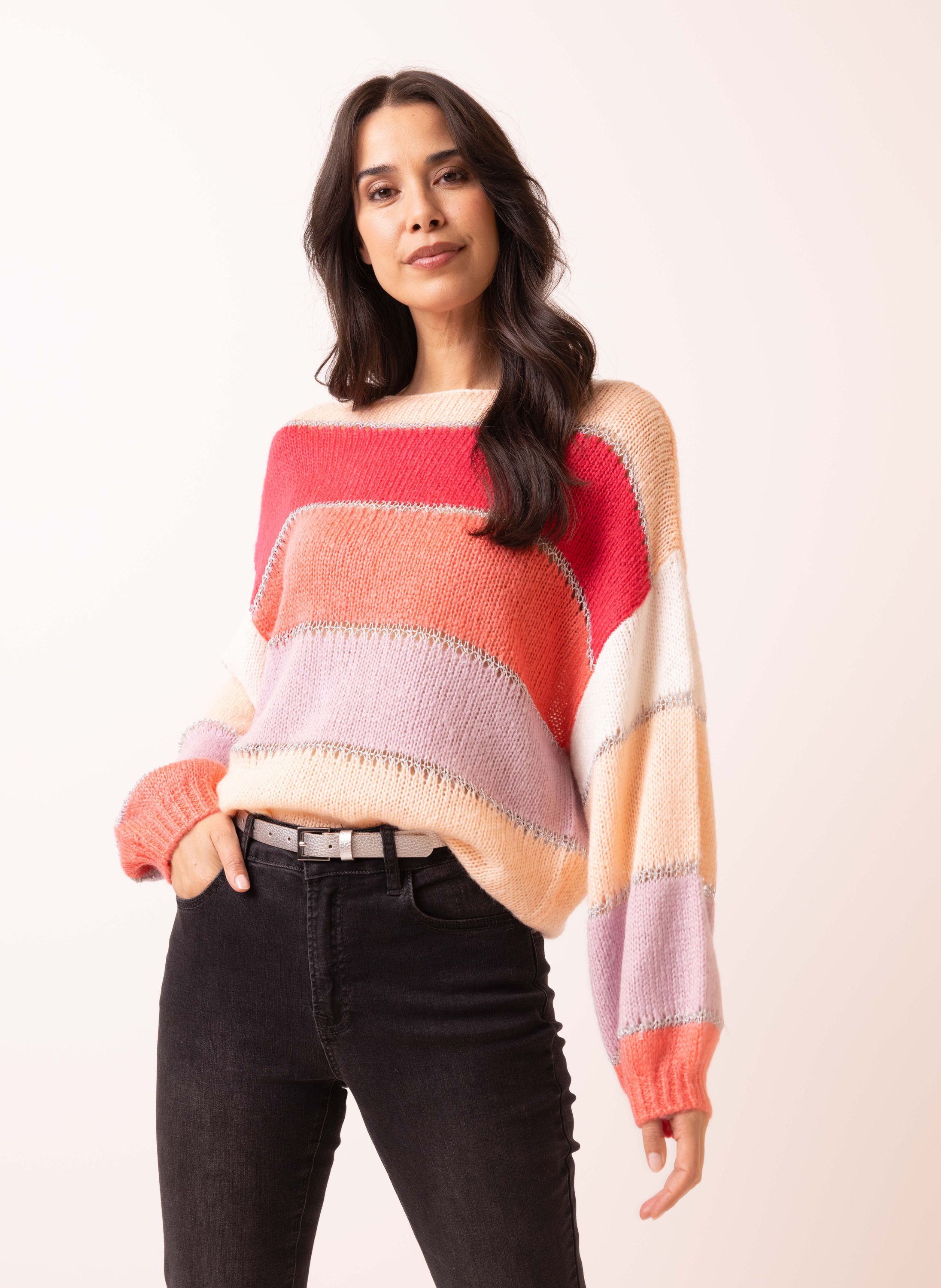 Norah Roze trui met gekleurde strepen pink multicolor 216467-920