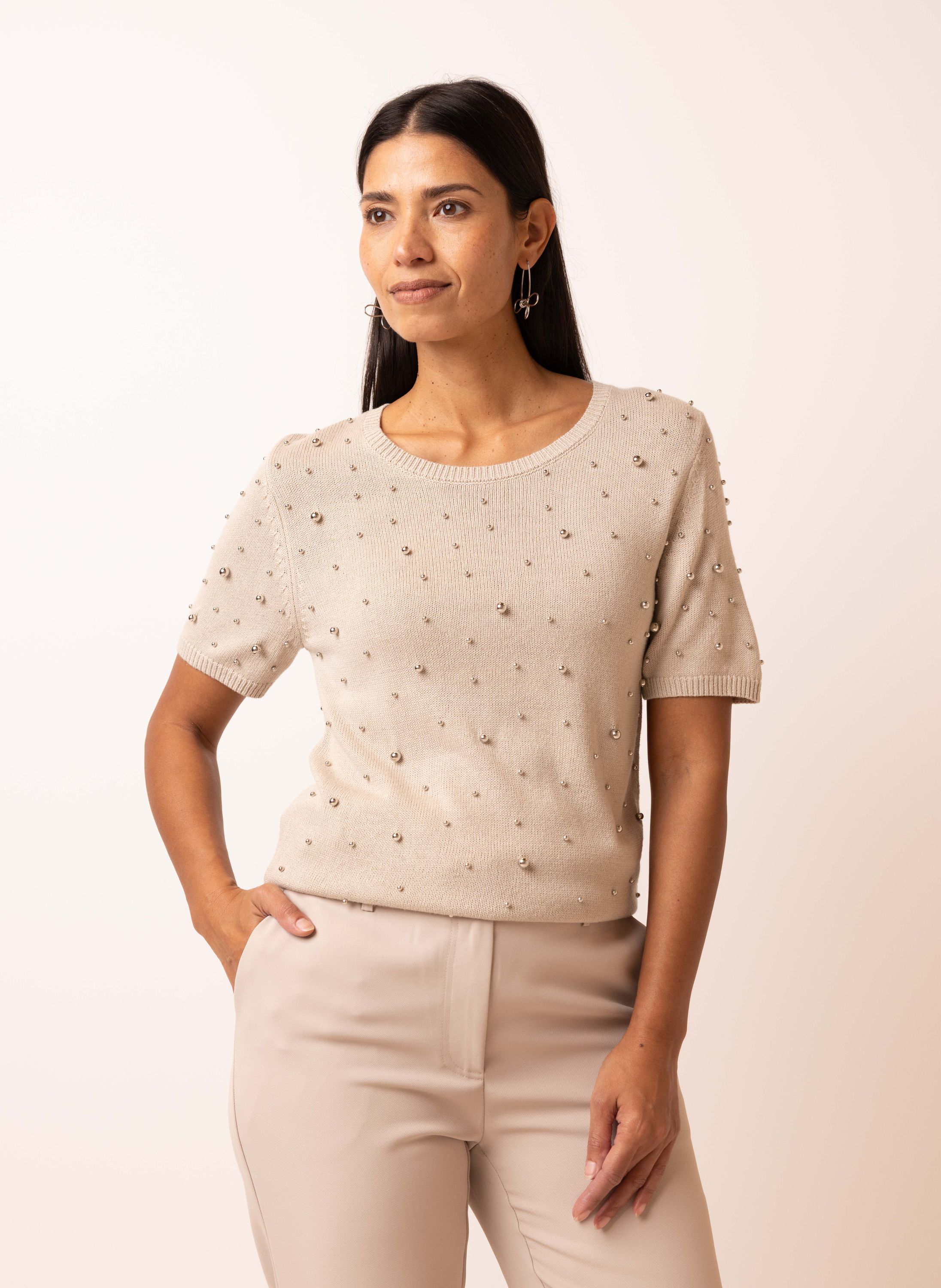 Norah Beige trui met parels sand 216527-110