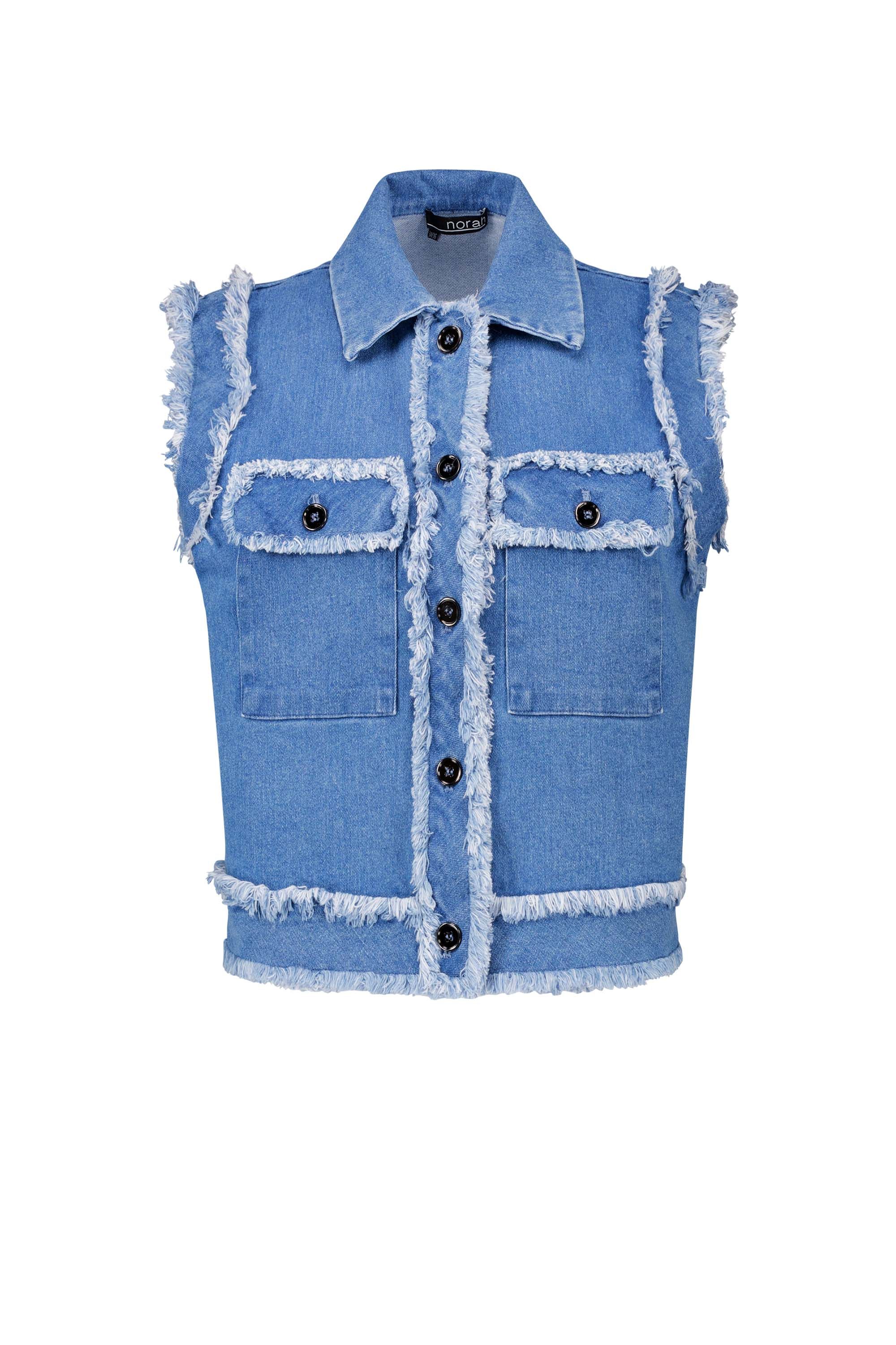 Norah Blauw denim gilet met rafels denim blue 216656-472-46-48