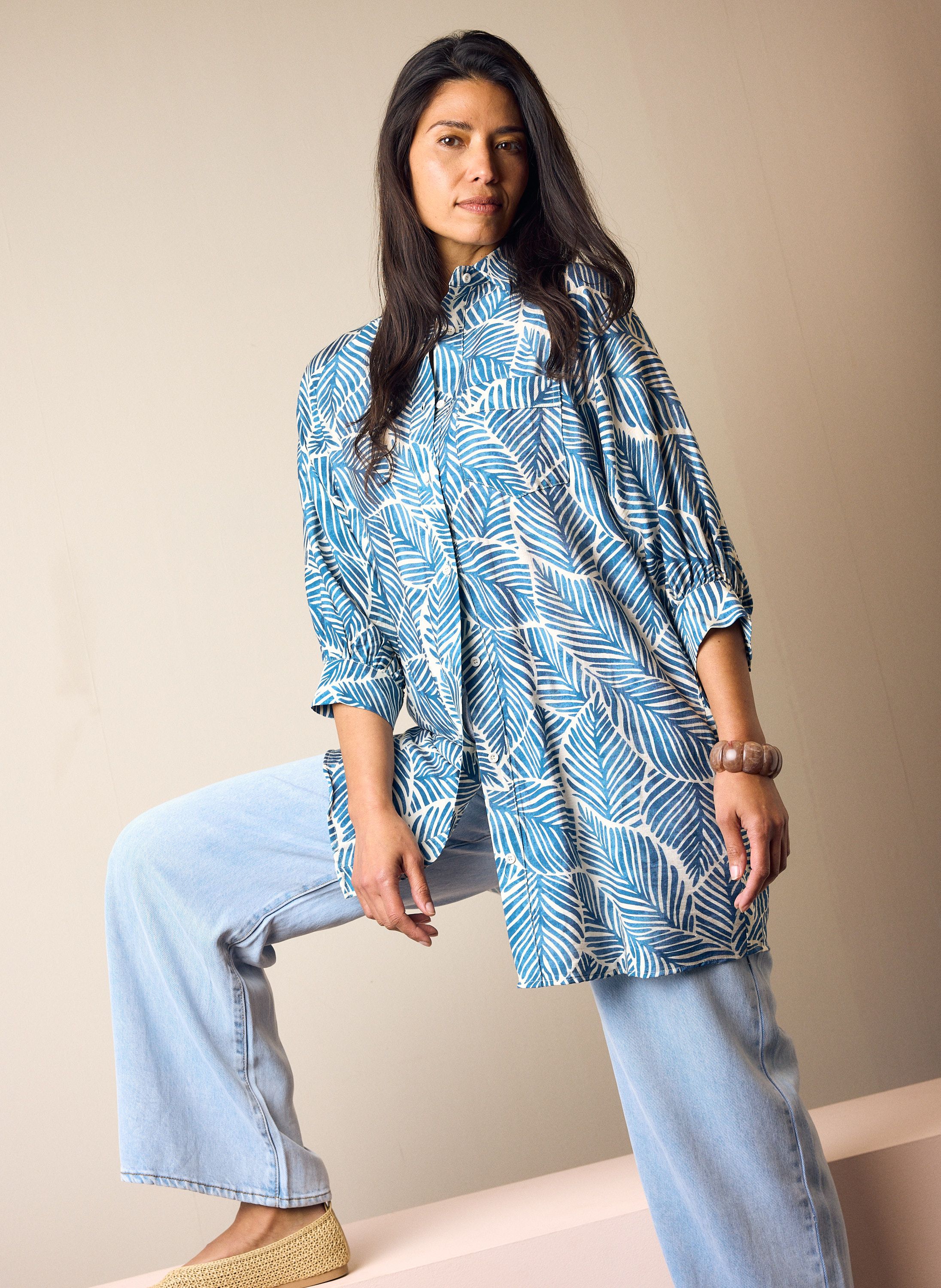Norah Lange blauwe blouse met bladprint blue/ecru 216690-441