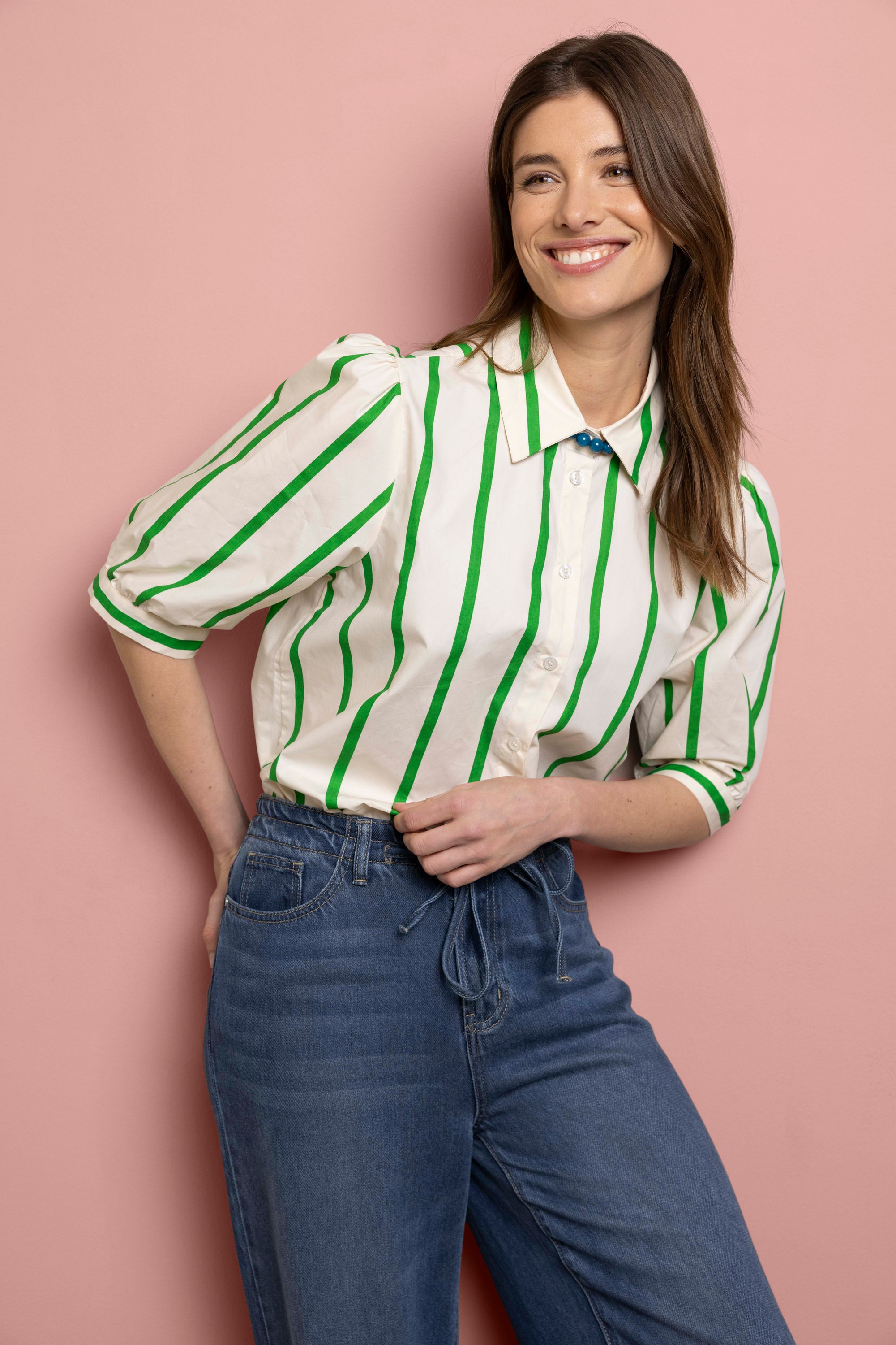 Norah Gestreepte ecru/groene blouse green/ecru 216697-541-46