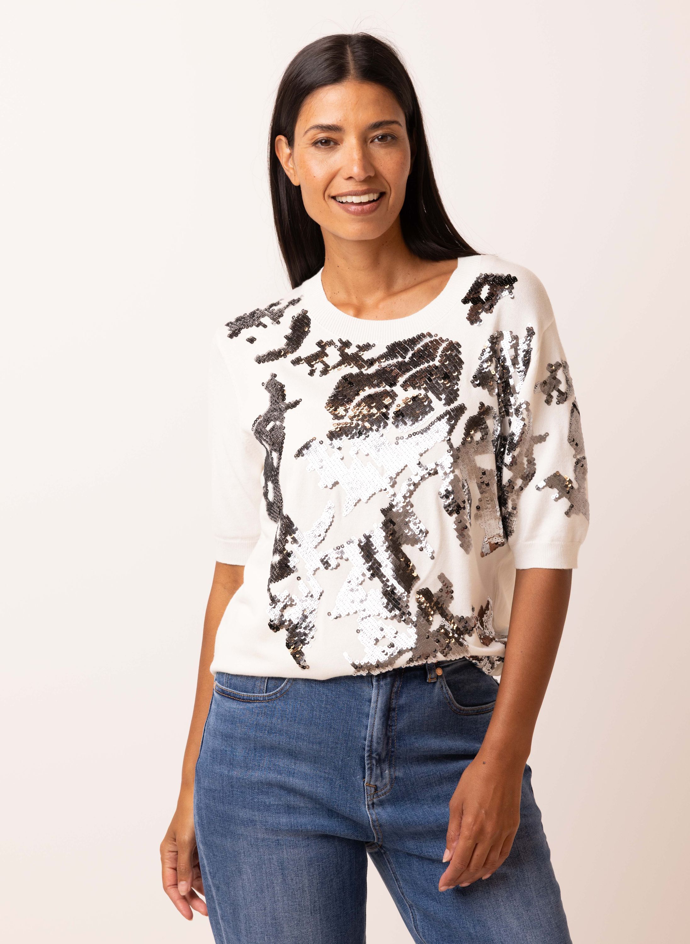 Norah Off-white gebreide trui met pailletten off-white 217248-101-42