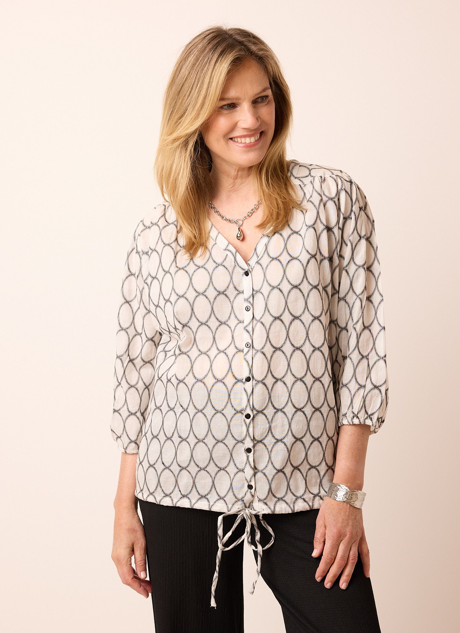 Norah Zwart/witte blouse met strikkoord white/black 217319-131