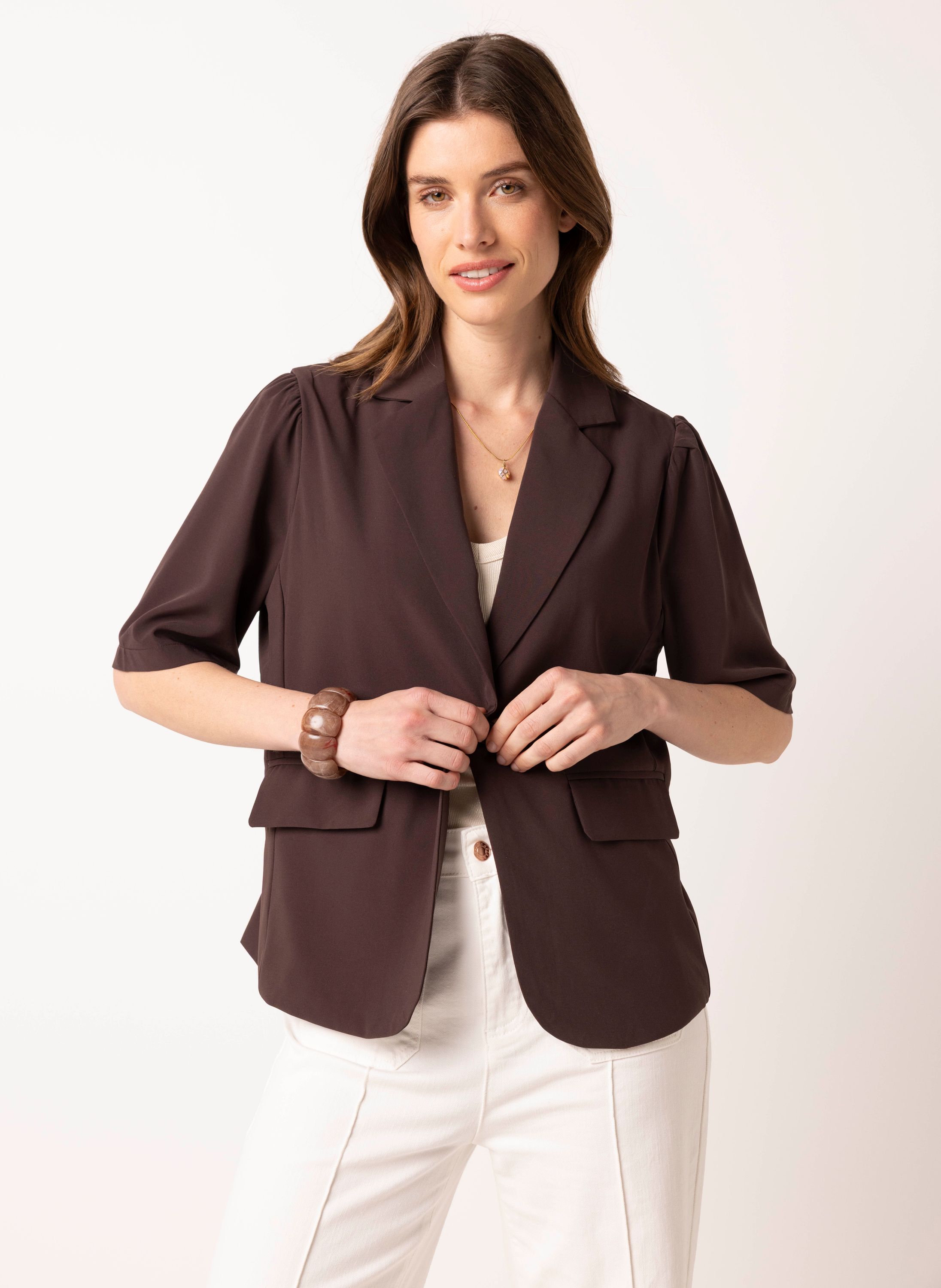 Norah Bruine blazer met korte pofmouwen brown 217337-200-36