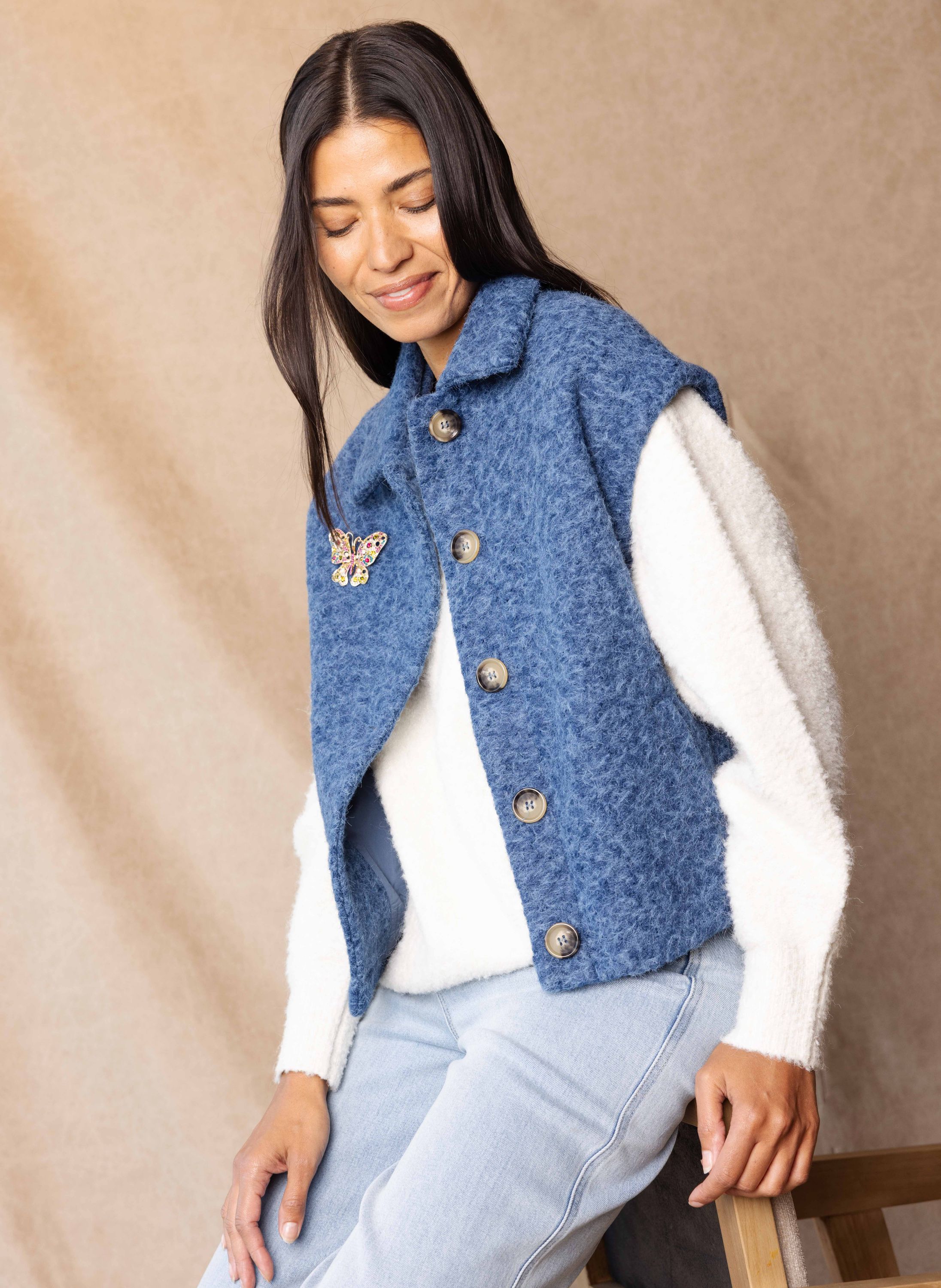 Norah Blauw gilet met wollook blue melange 217341-450-34-36