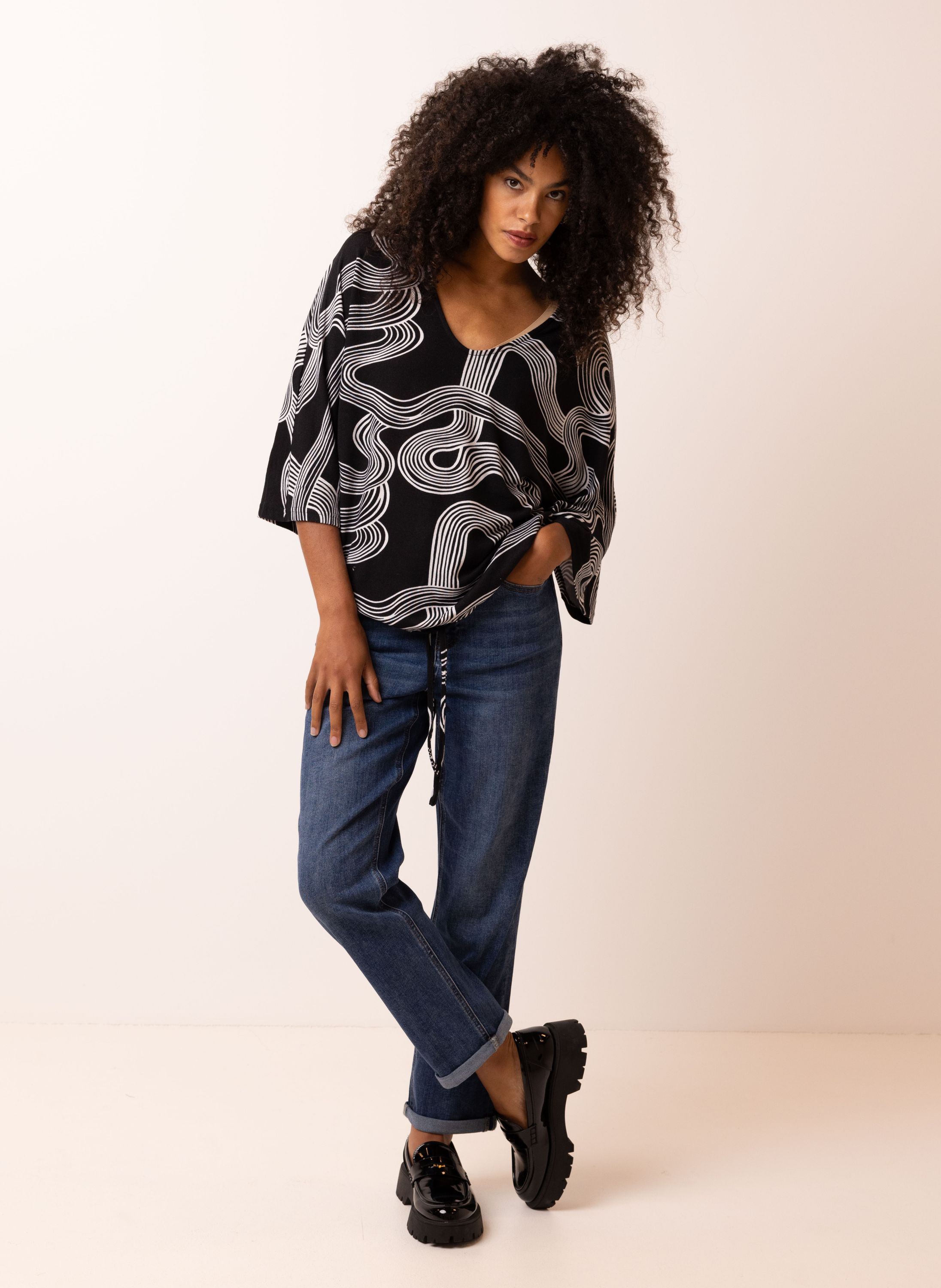 Norah Zwart/eru trui met trekkoord black/ecru 217364-041-48