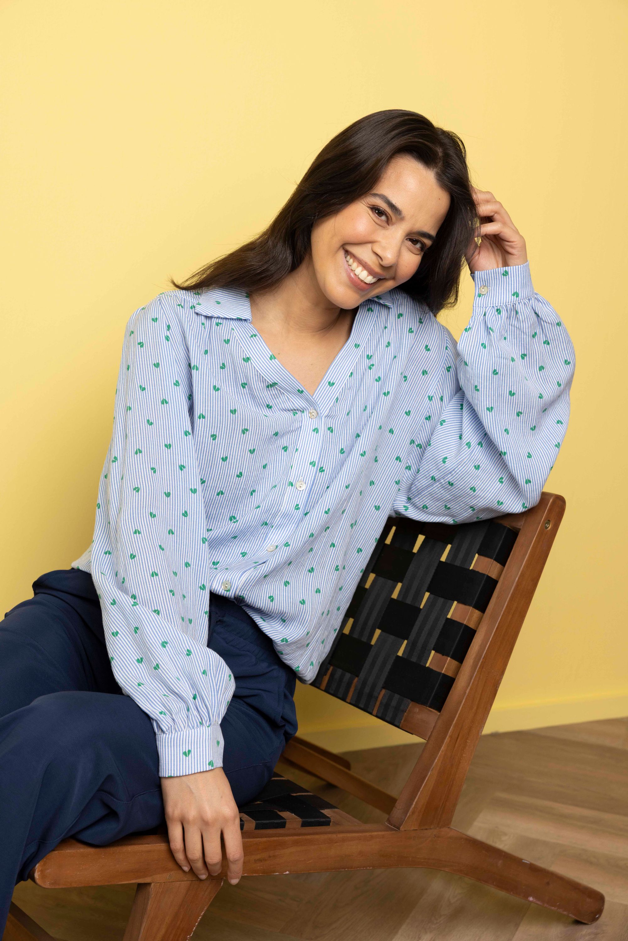 Norah Lichtblauwe gestreepte blouse met hartjes blue/green 217377-435-46-48