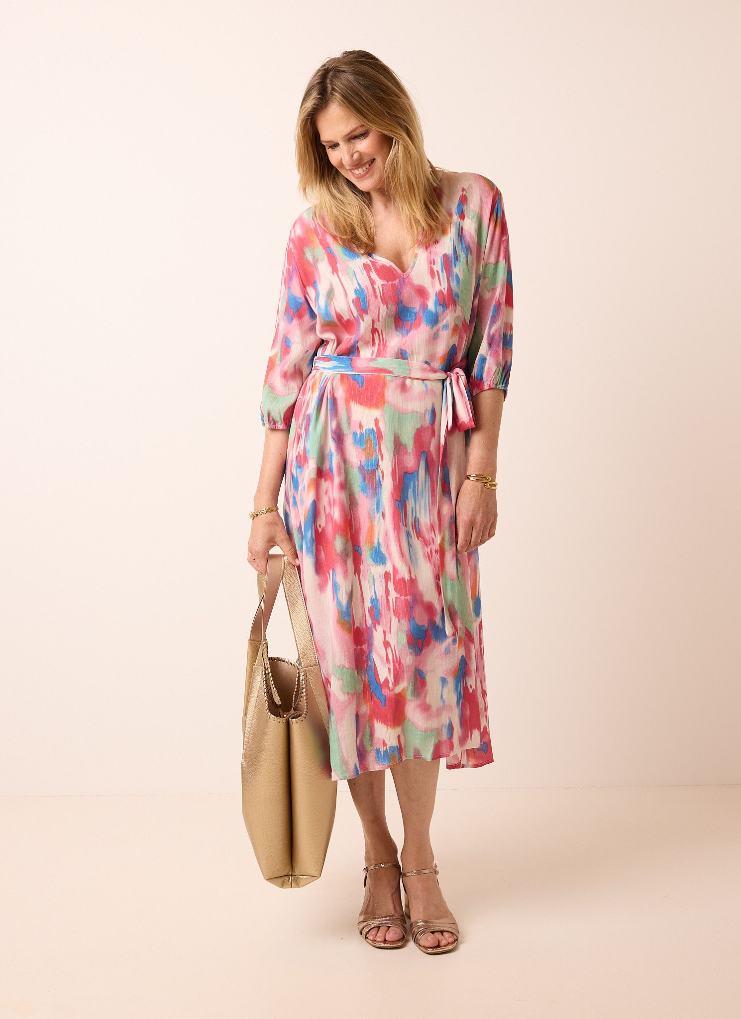 Norah Kleurrijke midi jurk met ceintuur multicolor 217398-002