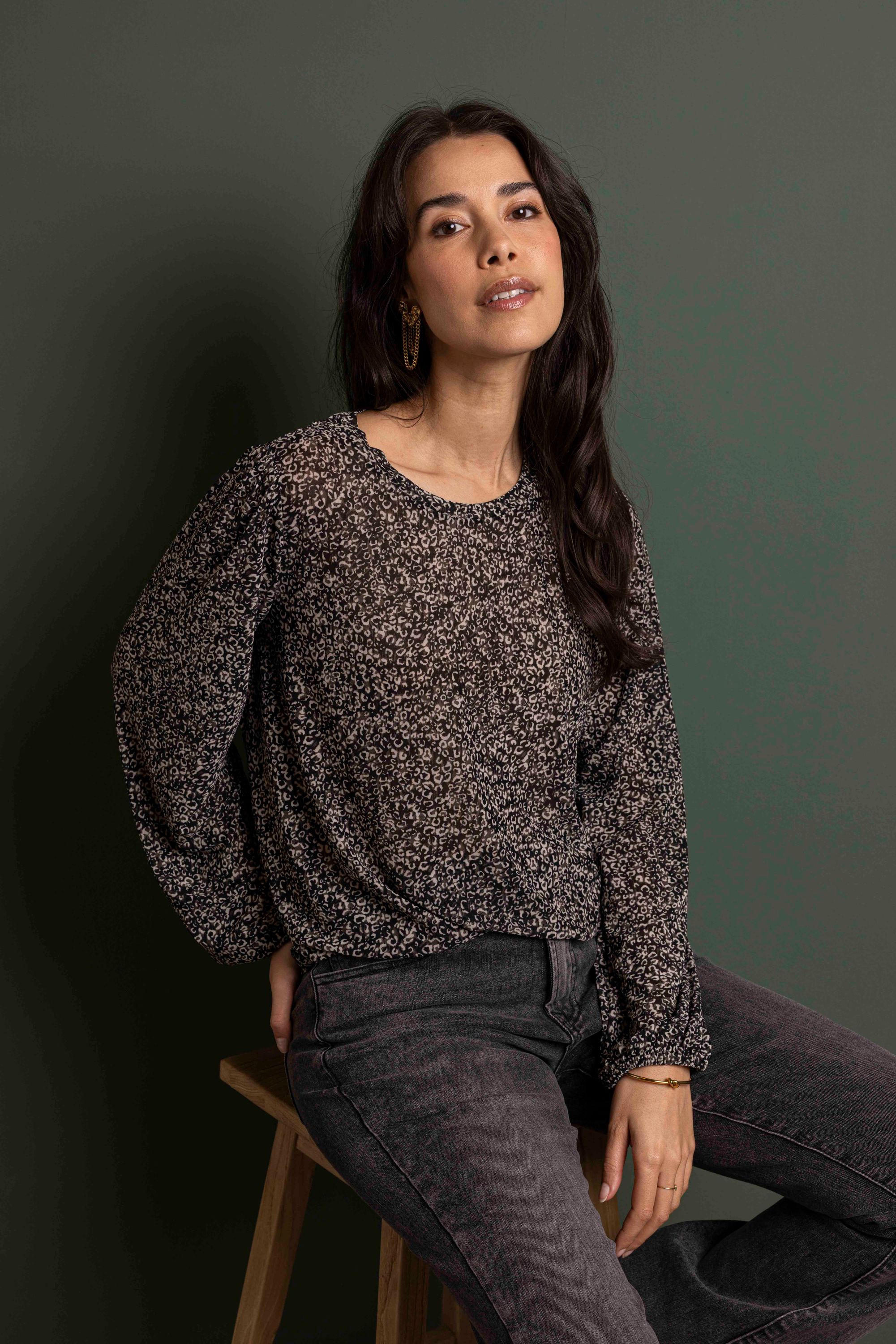 Norah Zwart mesh shirt met panterprint multicolor 217424-002-34