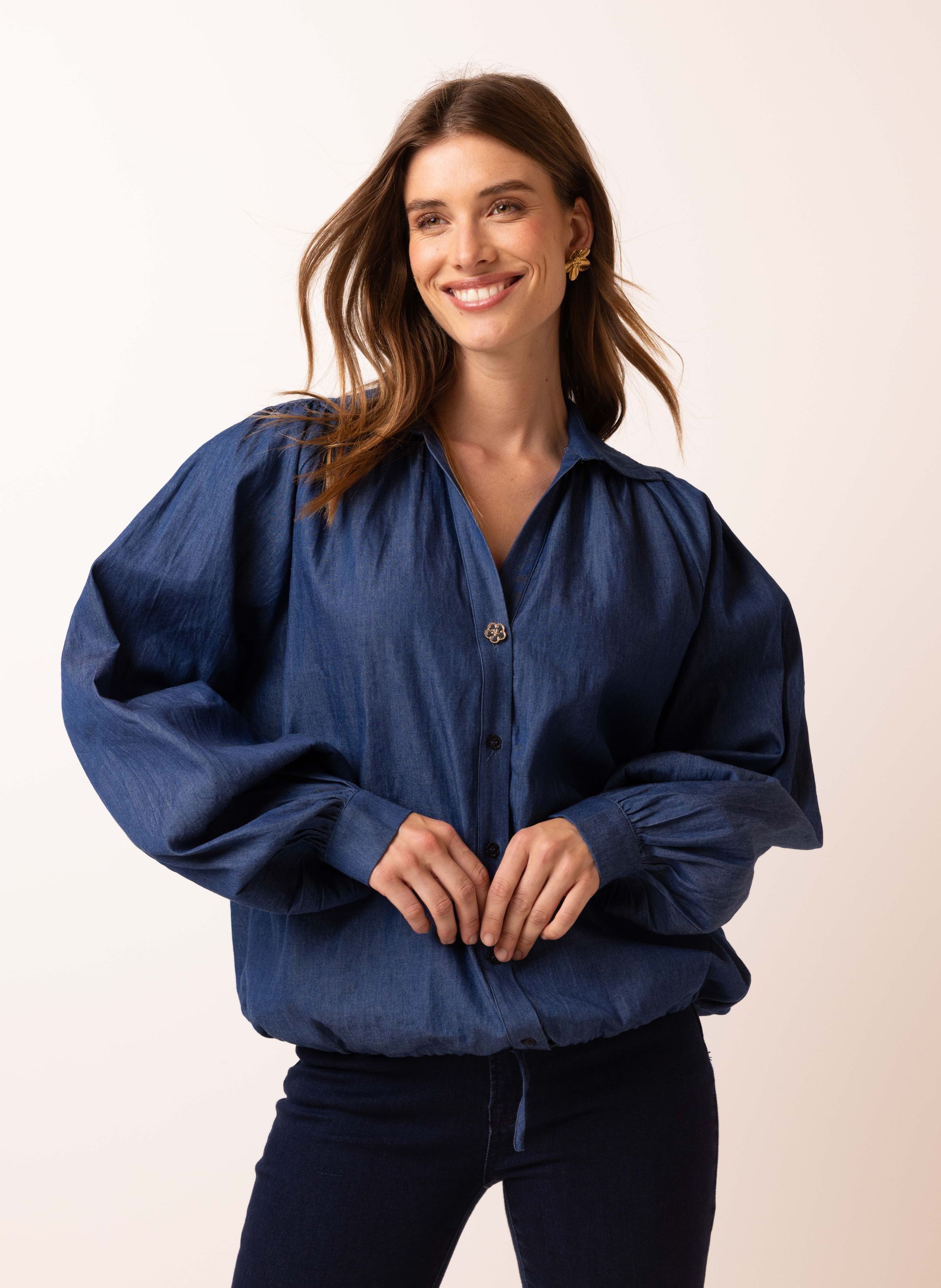 Norah Denim blouse met trekkoord mid denim 217435-479-34