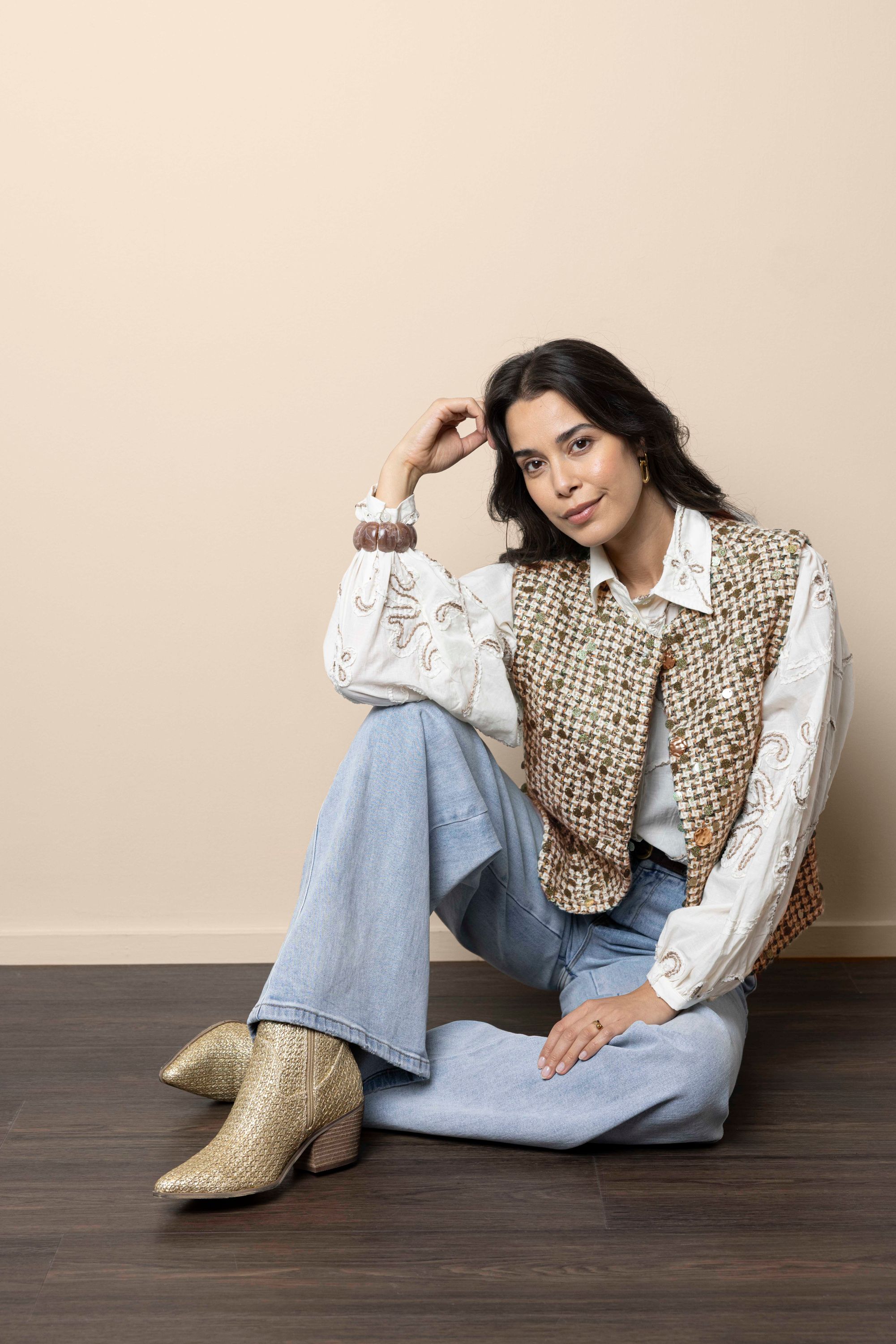 Norah Donkergroen gilet van geweven stof green/ecru 217476-541-34