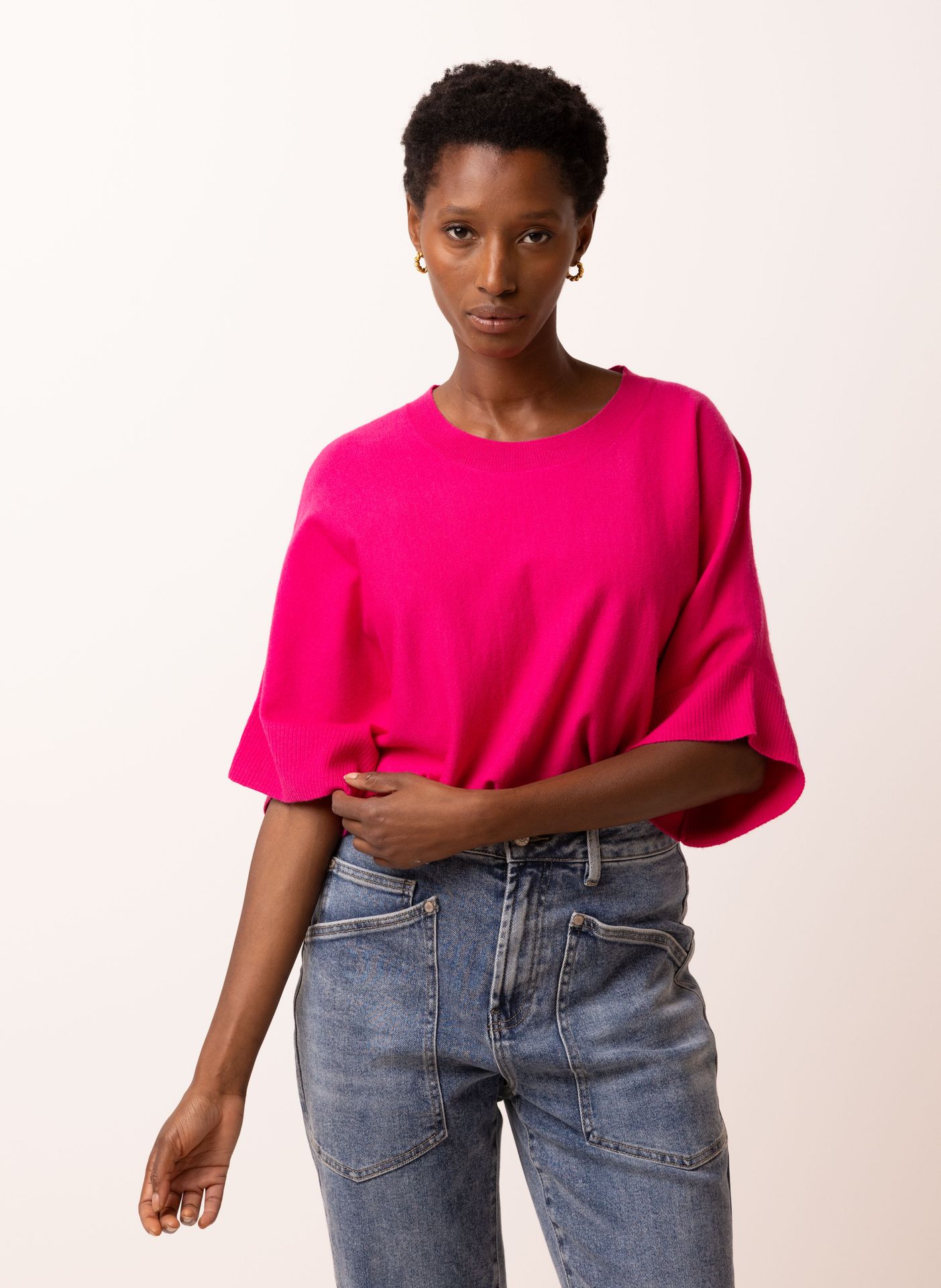 Norah Fijngebreide roze trui met trekkoord rouge pink 217554-908-34-36