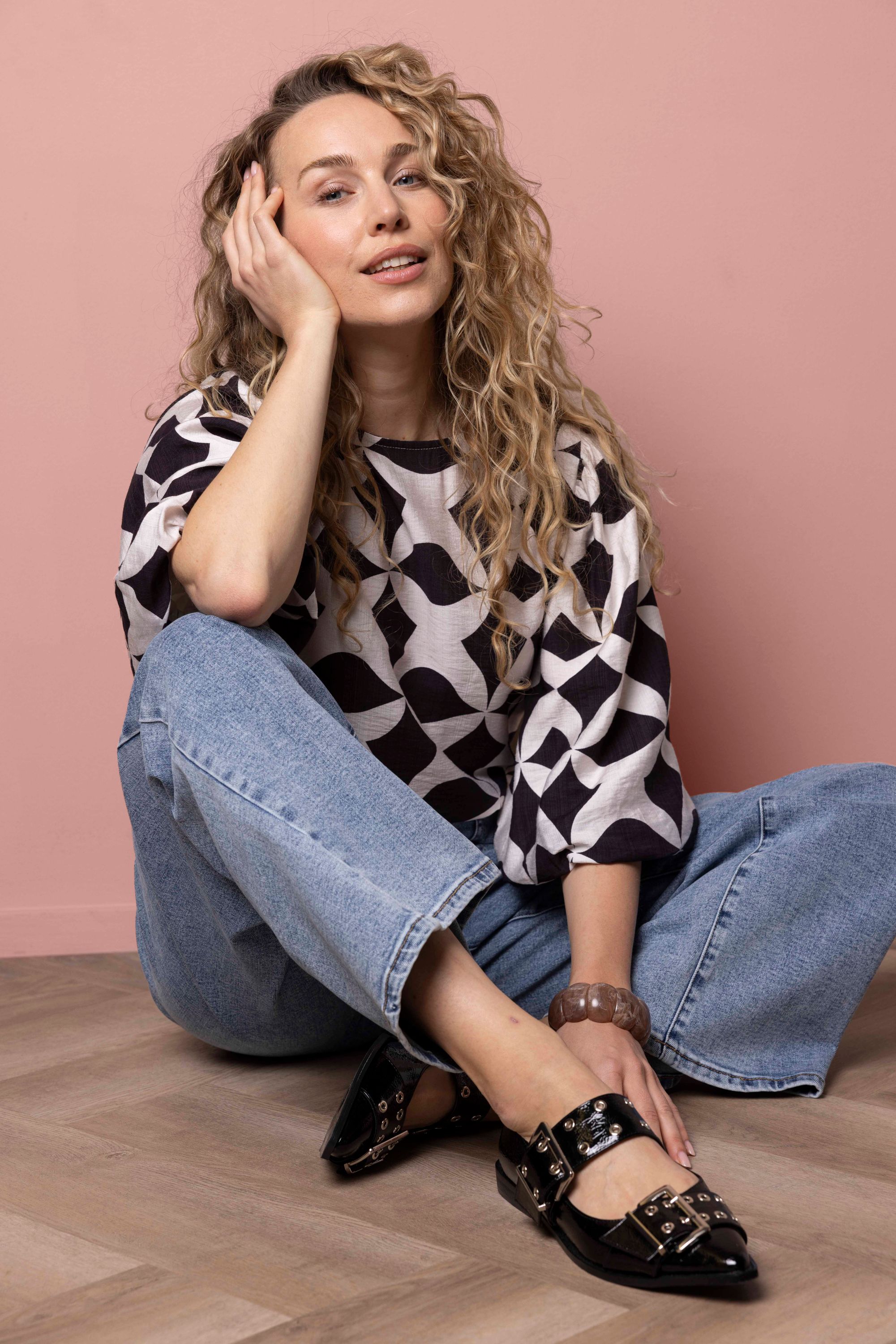 Norah Bruin/ecru blouse met grafische print Brown/Ecru 217562-241-36