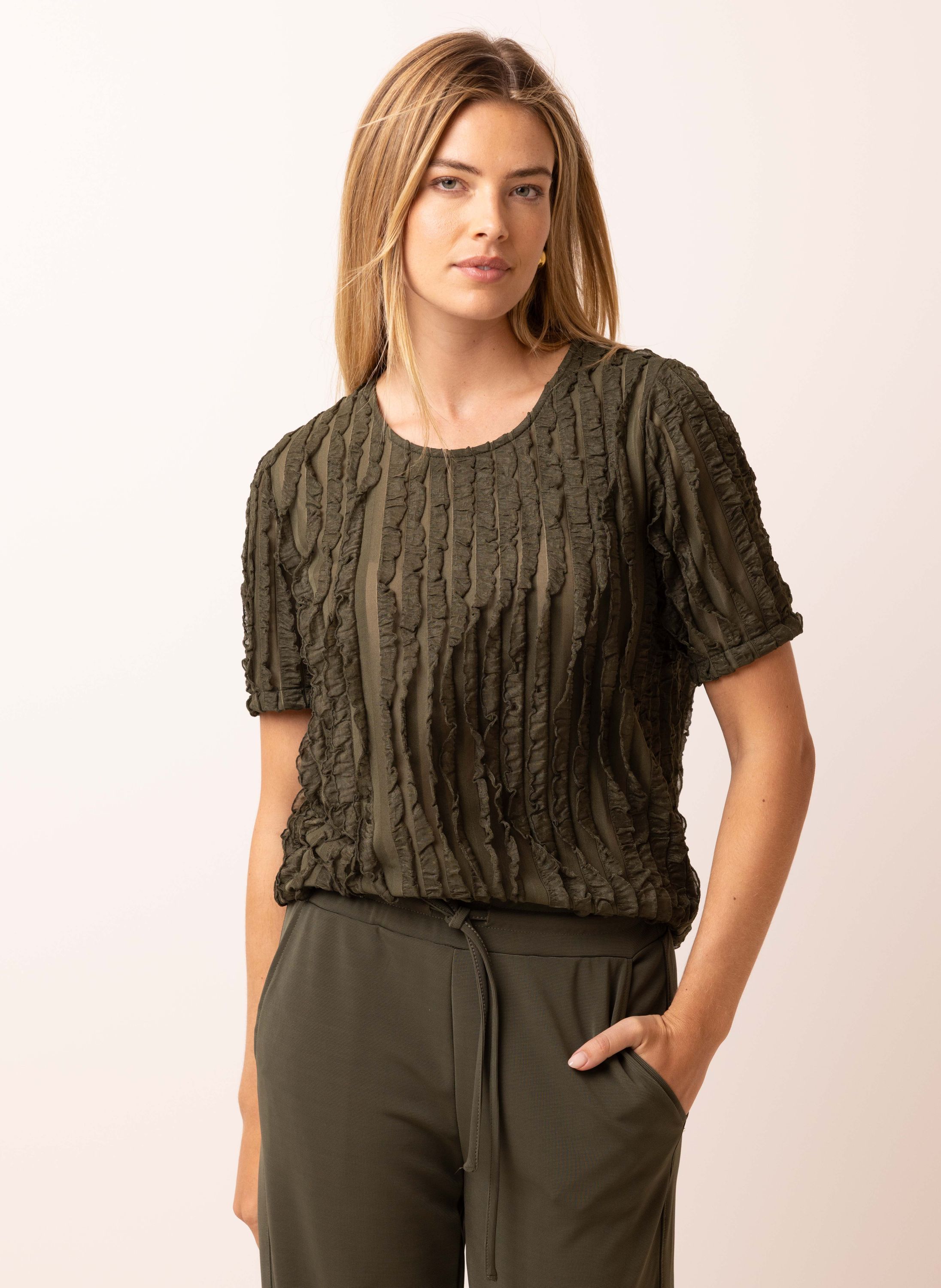 Norah Groene top met plisséstructuur army green 217564-595-34