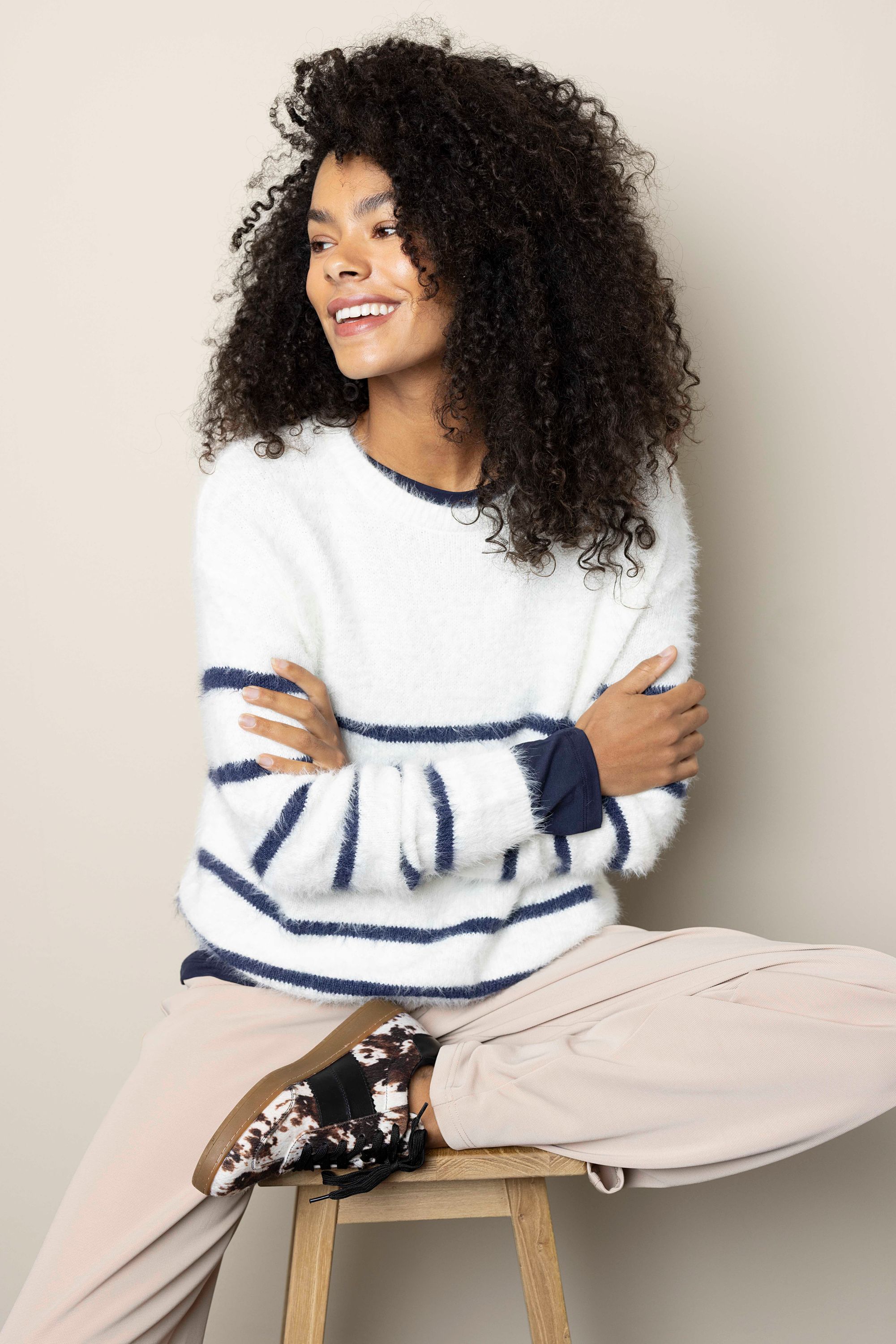 Norah Off-white gebreide trui met strepen ecru/blue 217568-174-38-40