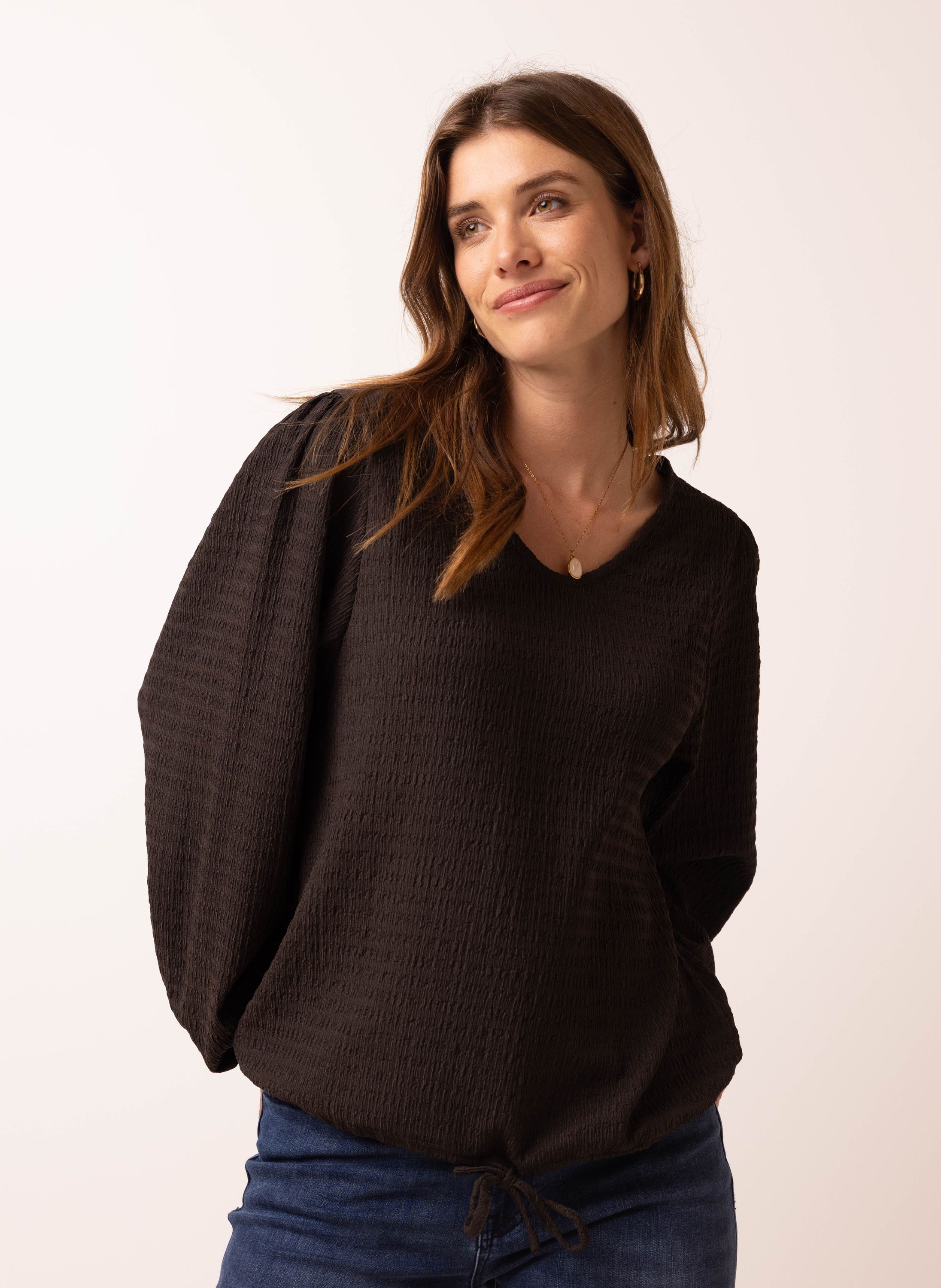 Norah Donkerbruine blouse met structuur dark brown 217576-299-34