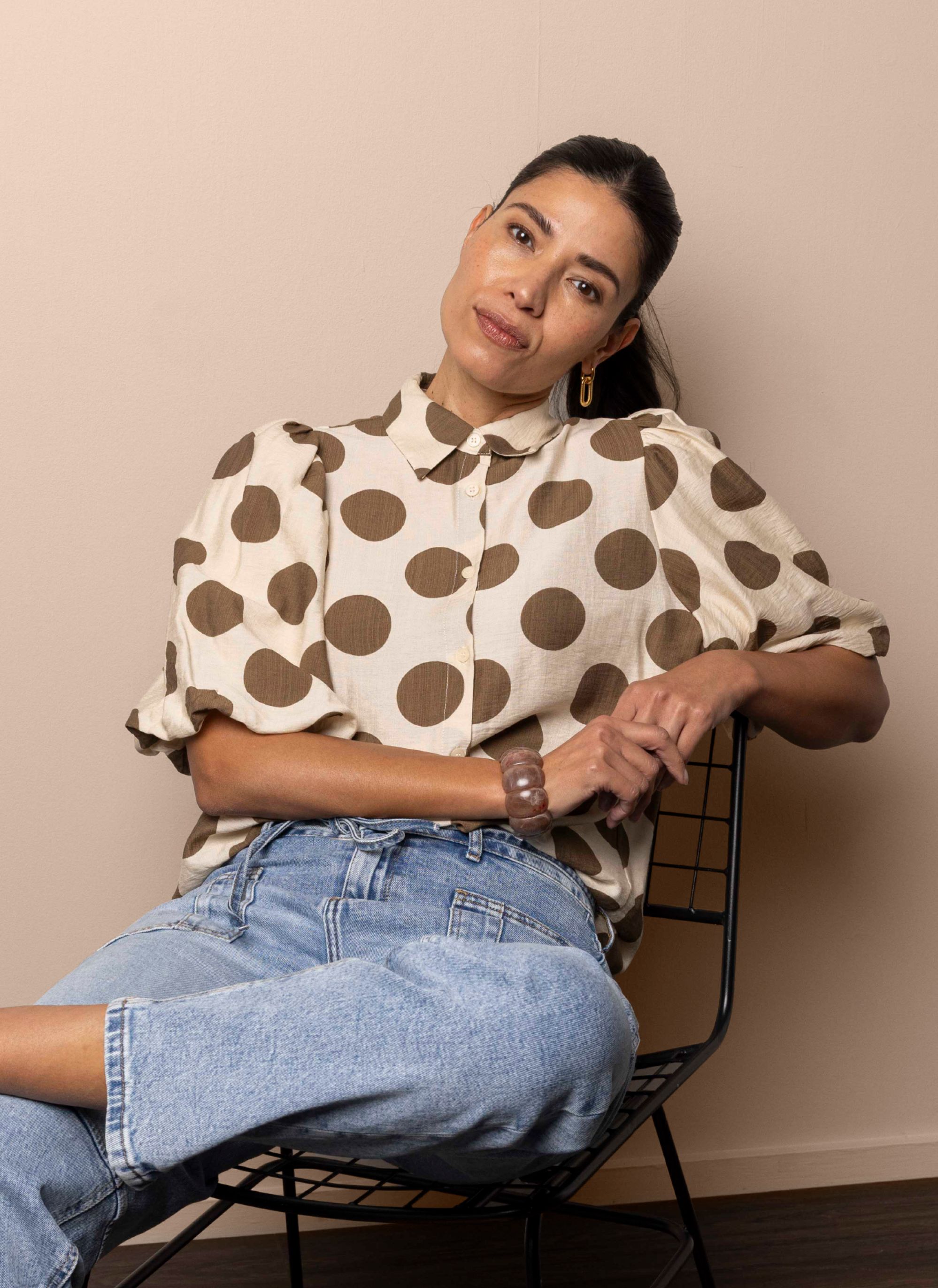 Norah Bruine blouse met polkadots ecru/brown 217590-172-34