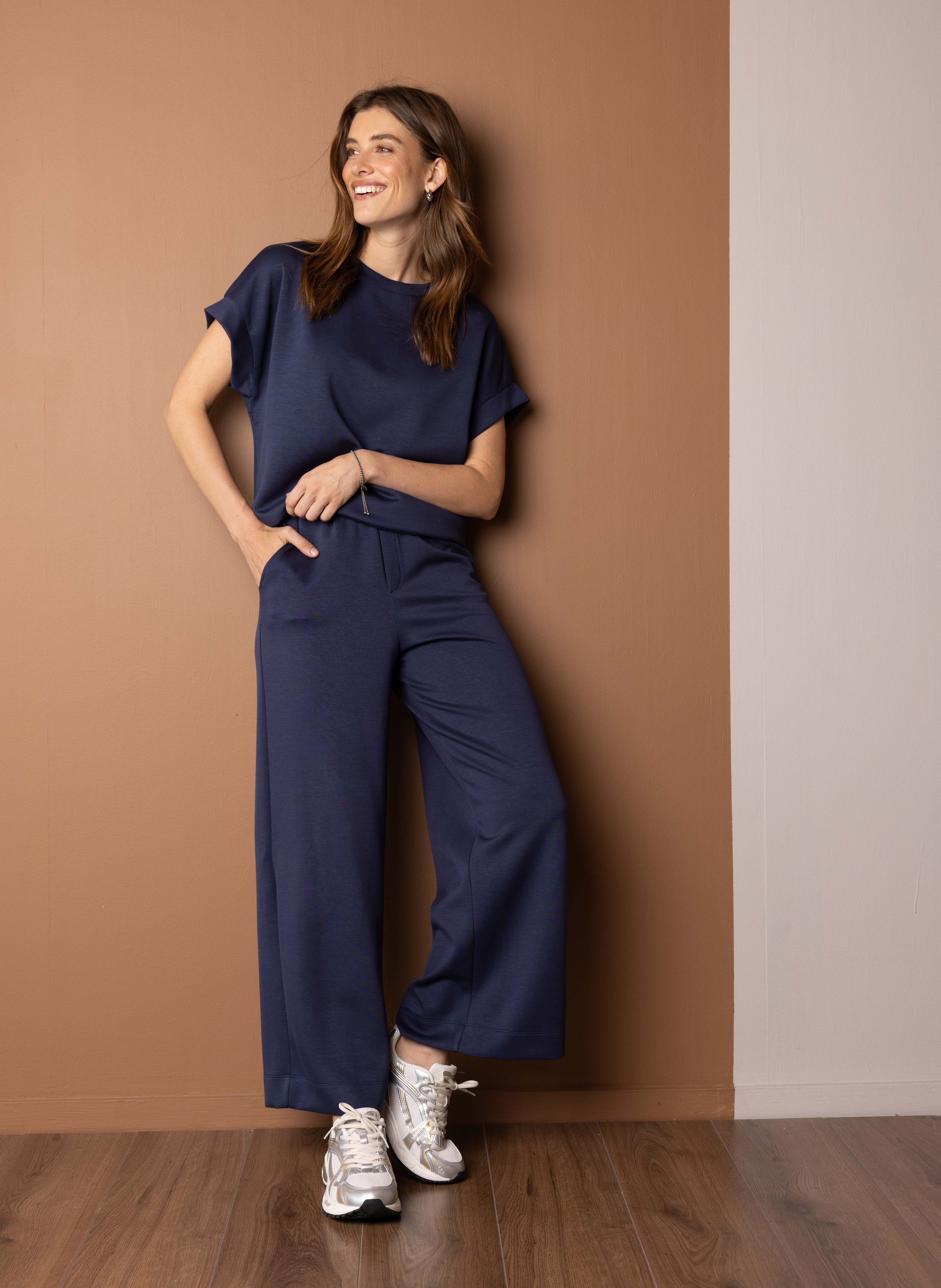 Norah Donkerblauwe rechte broek met elastische tailleband navy 217591-492-38