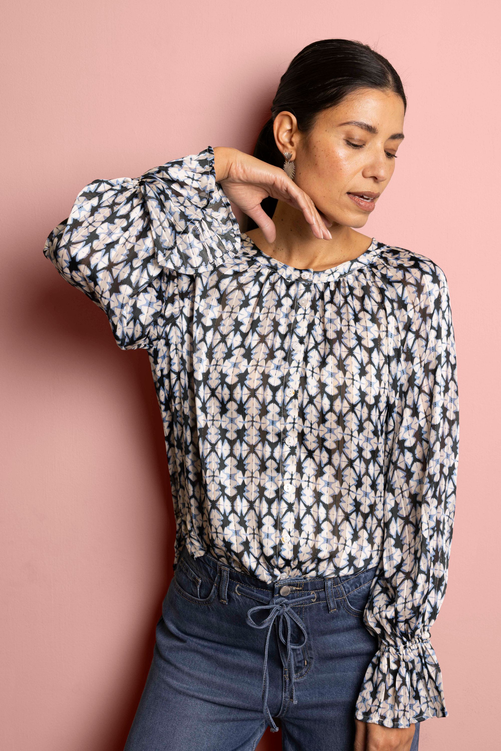 Norah Blouse met grafische print blue/white 217620-431-34