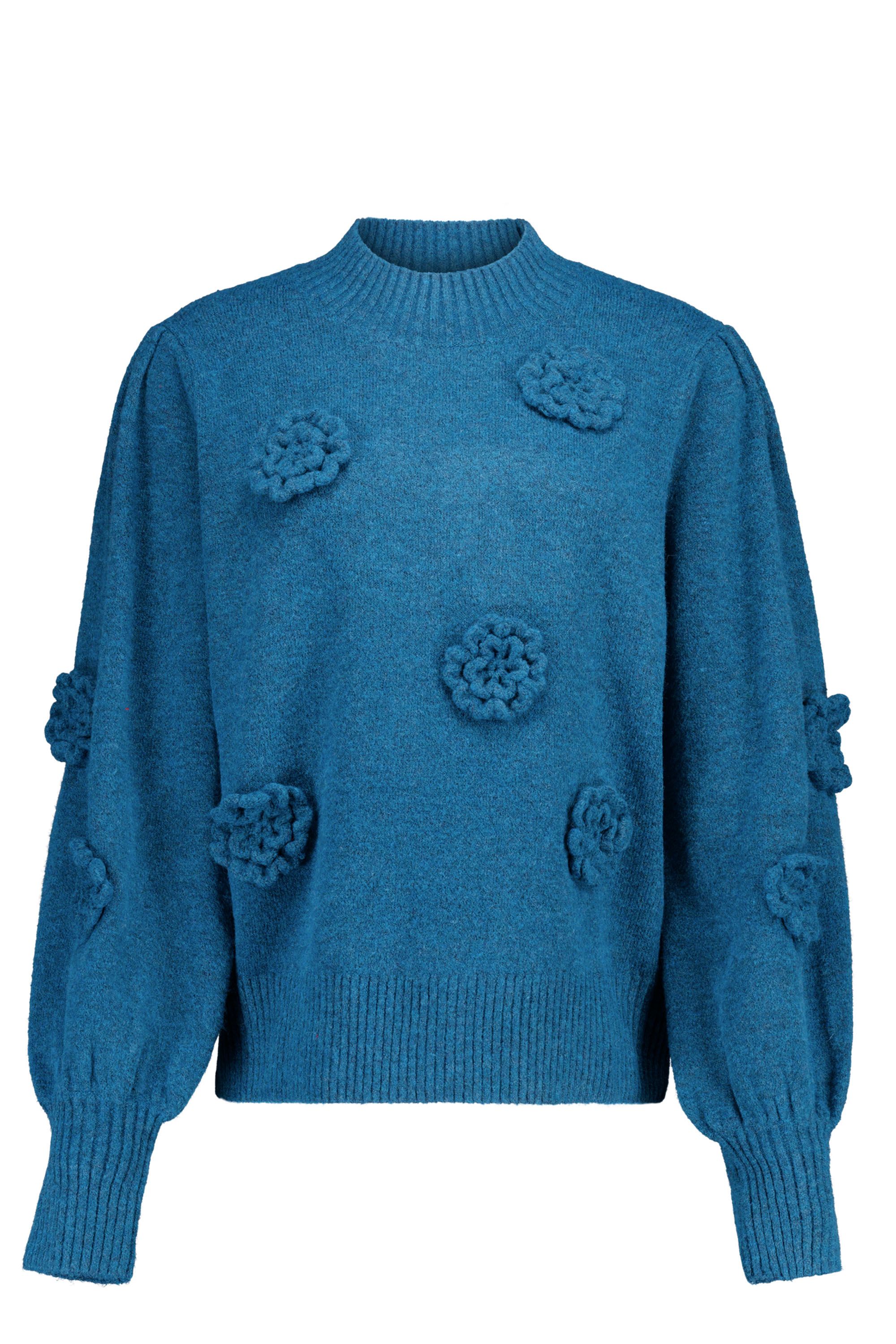 Norah Blauwe gebreide trui met bloemen petrol blue 217635-495