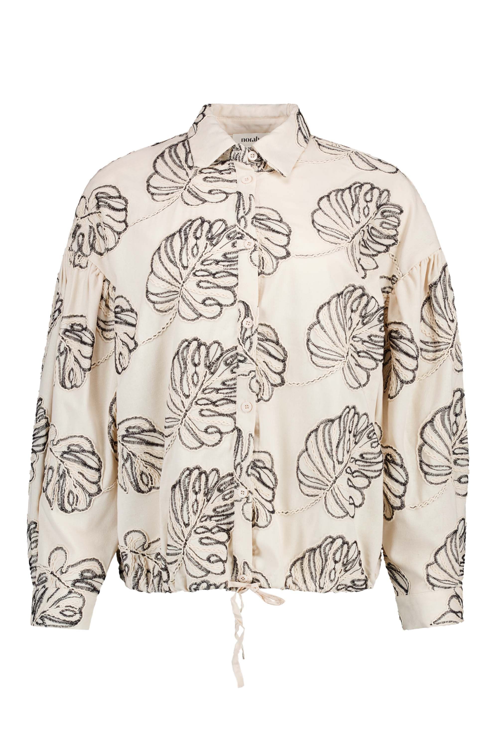 Norah Ecru blouse met bladprint en trekkoord ecru/black 217649-170-36