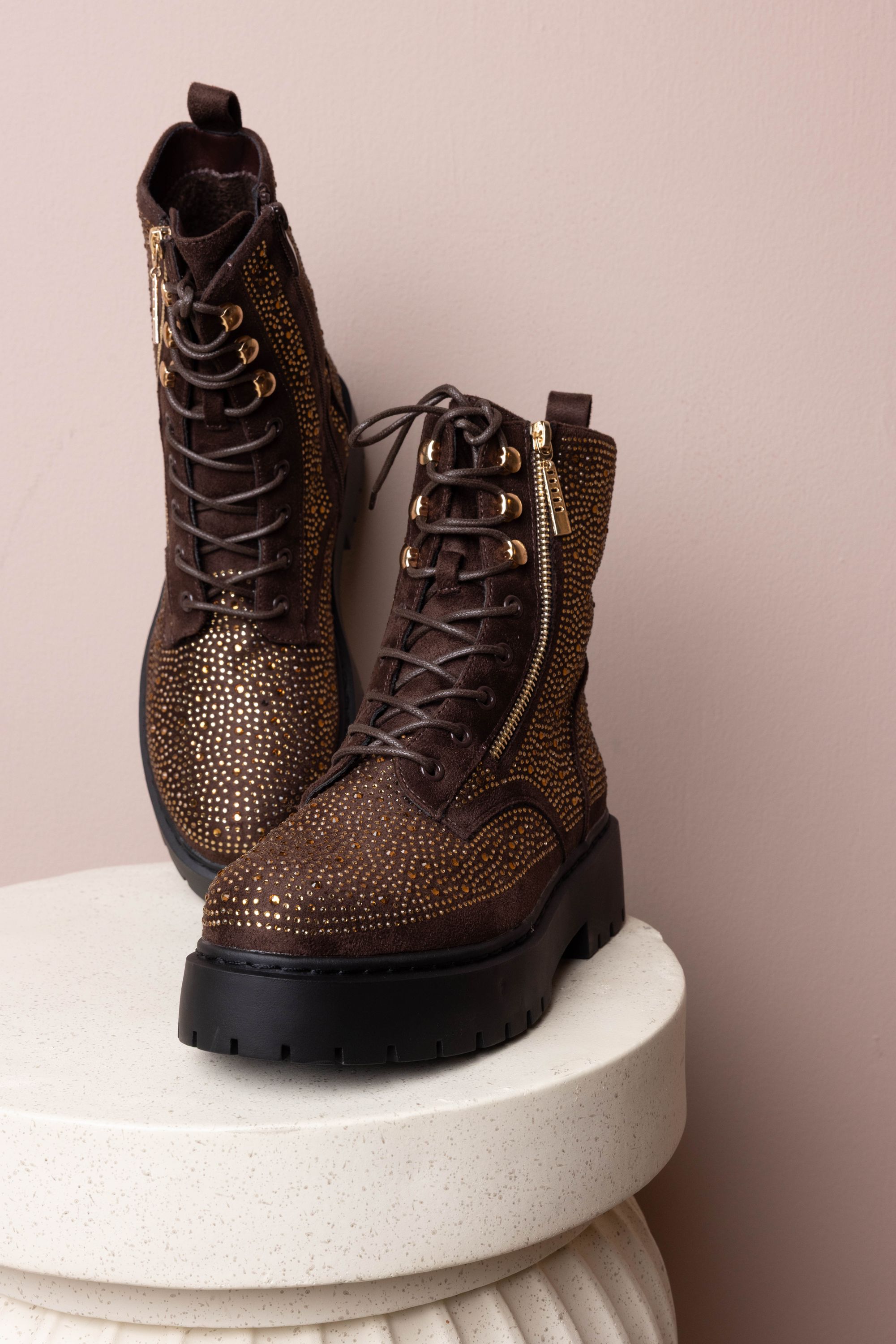 Norah Bruine veterlaars met steentjes brown multicolor 217712-220-37