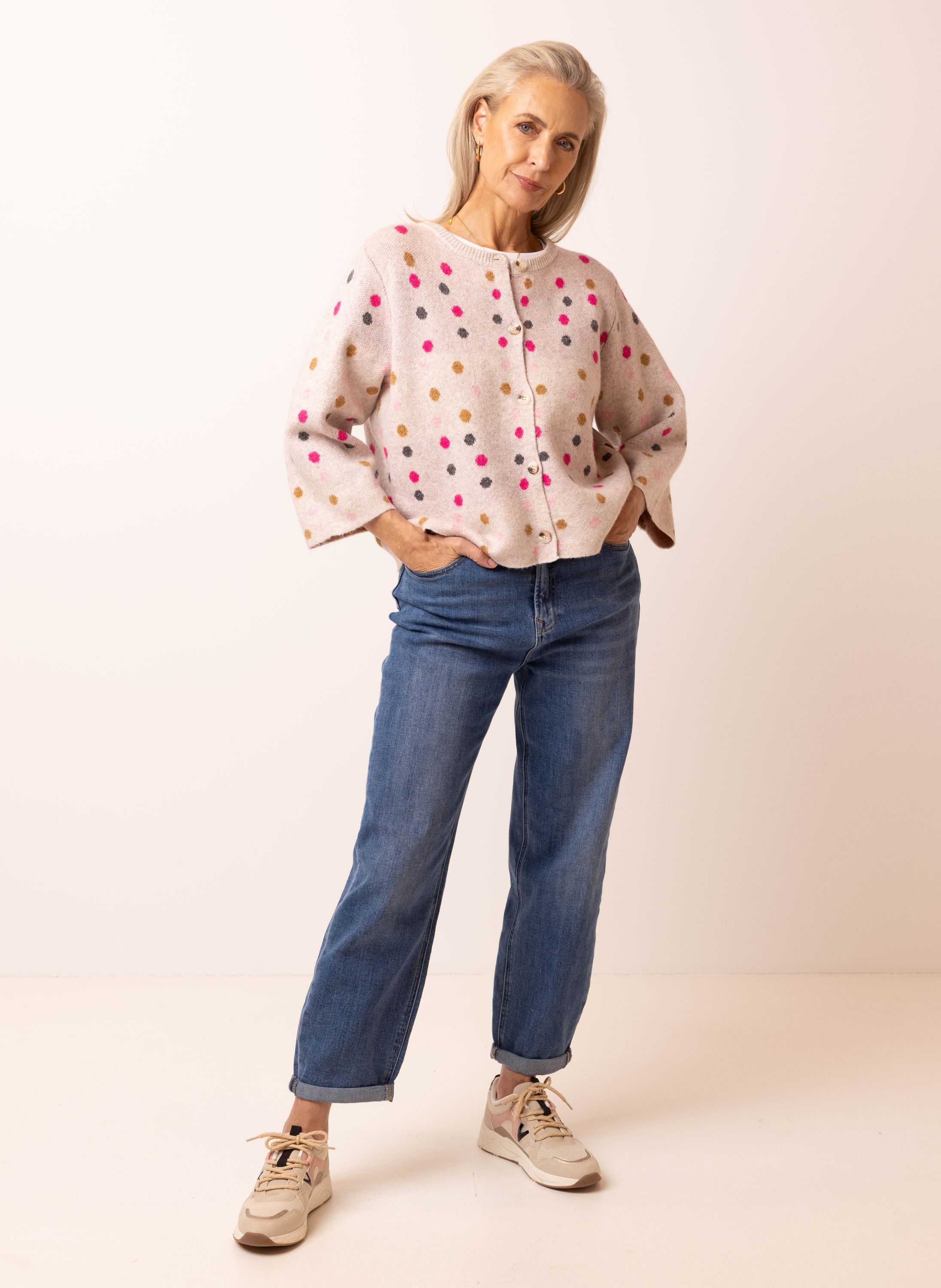 Norah Roze vest met gekleurde stippen pink multicolor 217731-920-48 Norah Roze vest met gekleurde stippen pink multicolor 217731-920-48