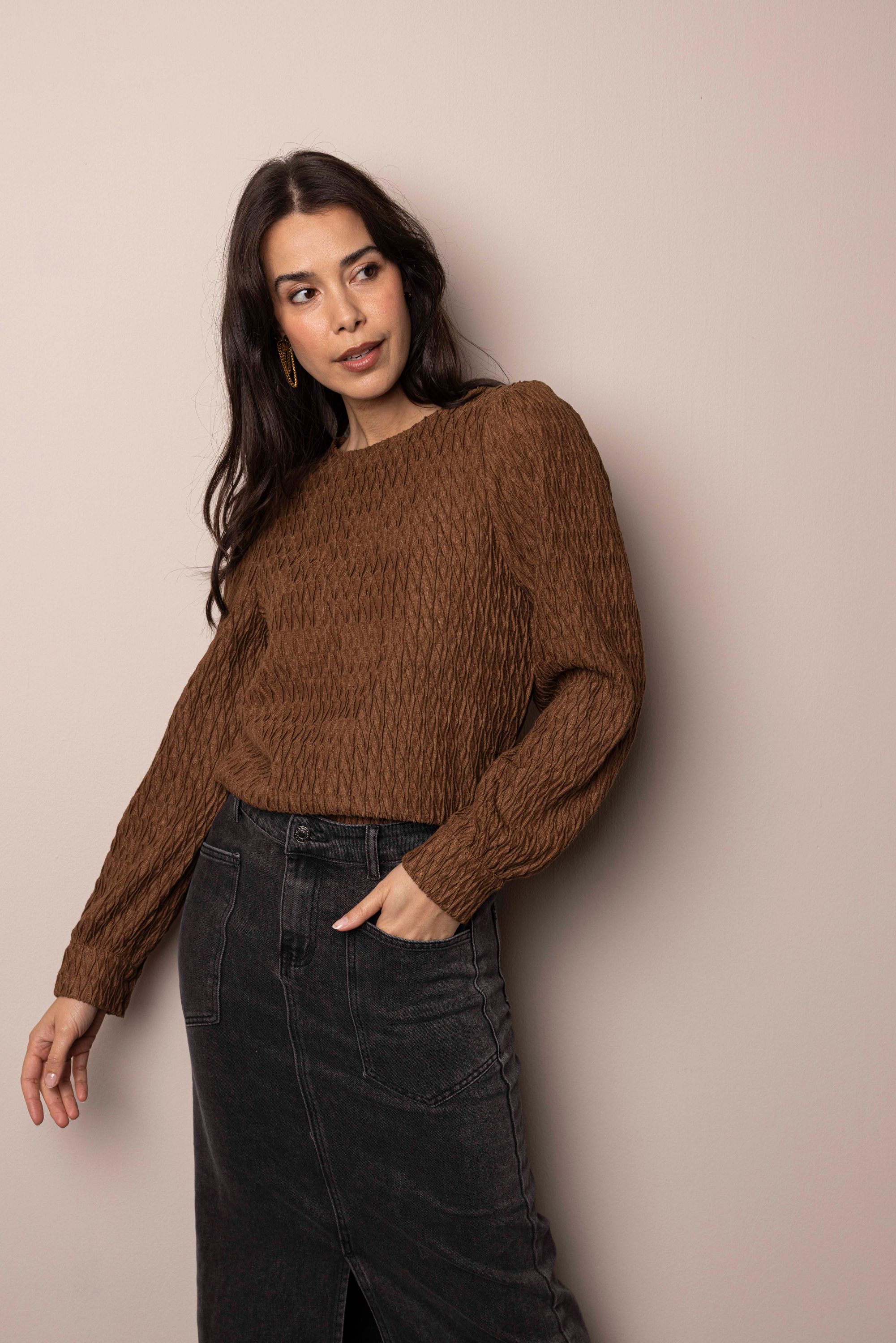 Norah Bruin shirt met structuur mocca 217776-202-46