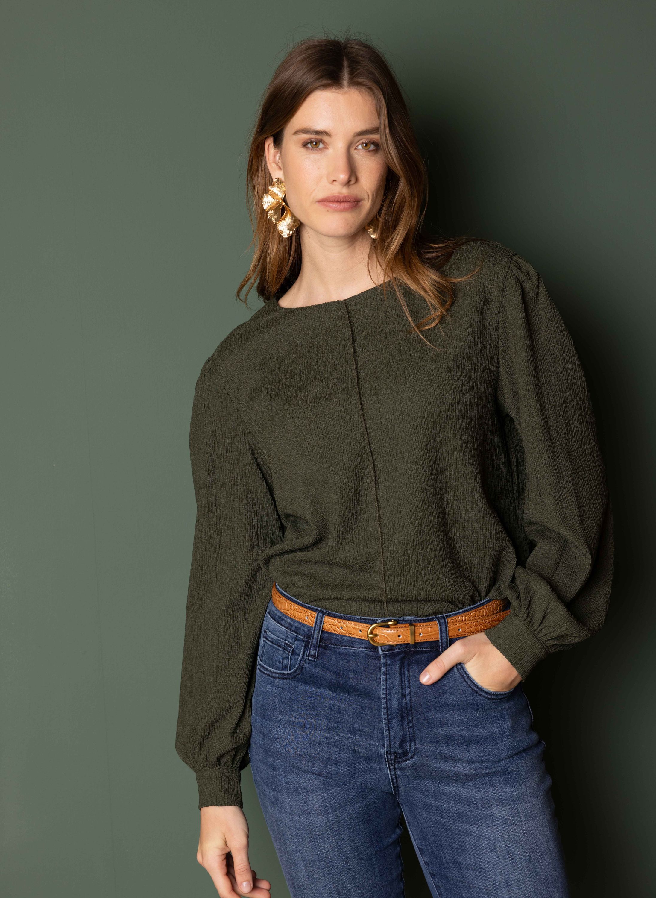 Norah Donkergroen shirt met pofmouwen dark army 217778-580-38