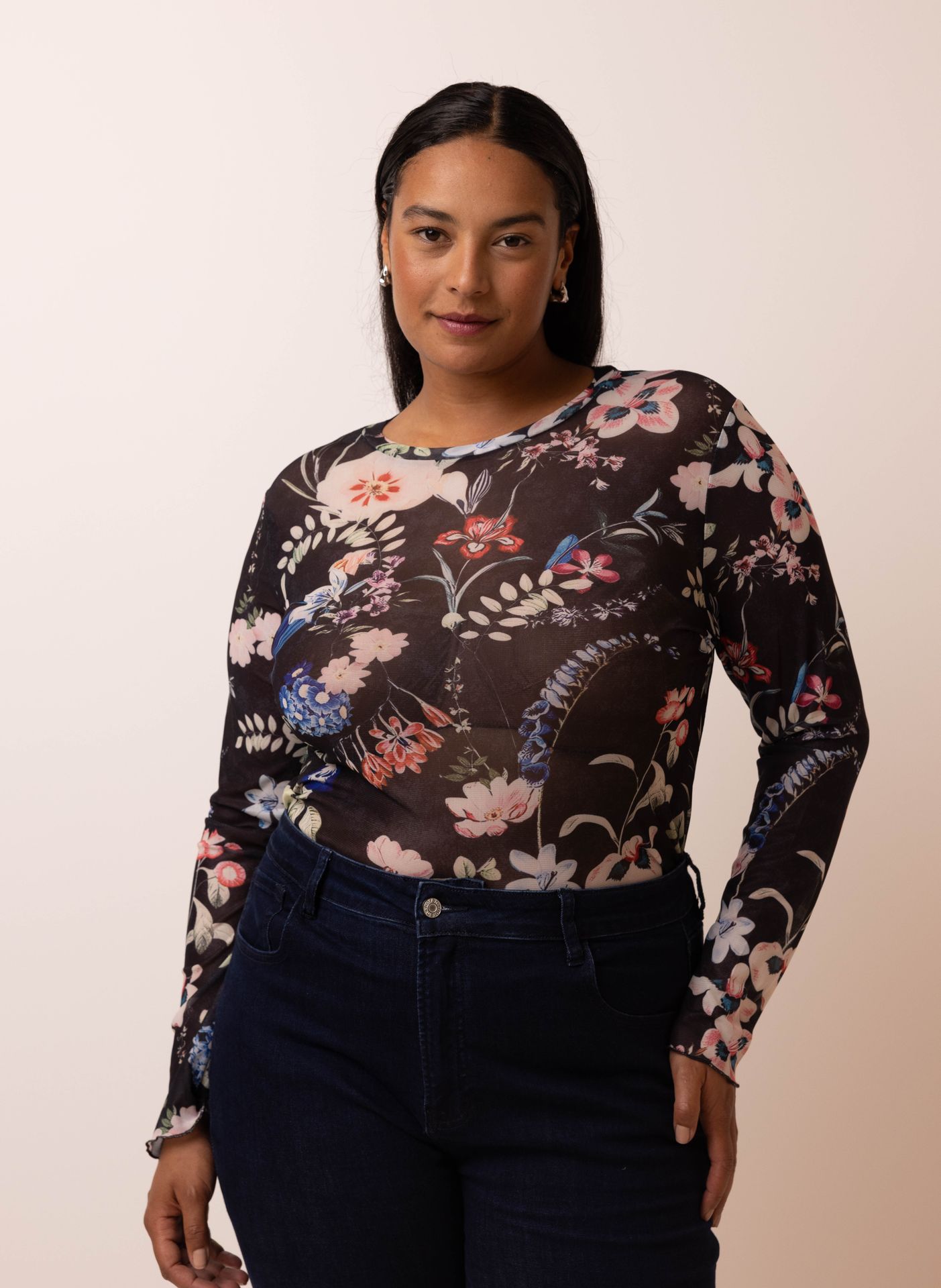 Norah Zwarte mesh top met bloemen black multicolor 217782-020-36