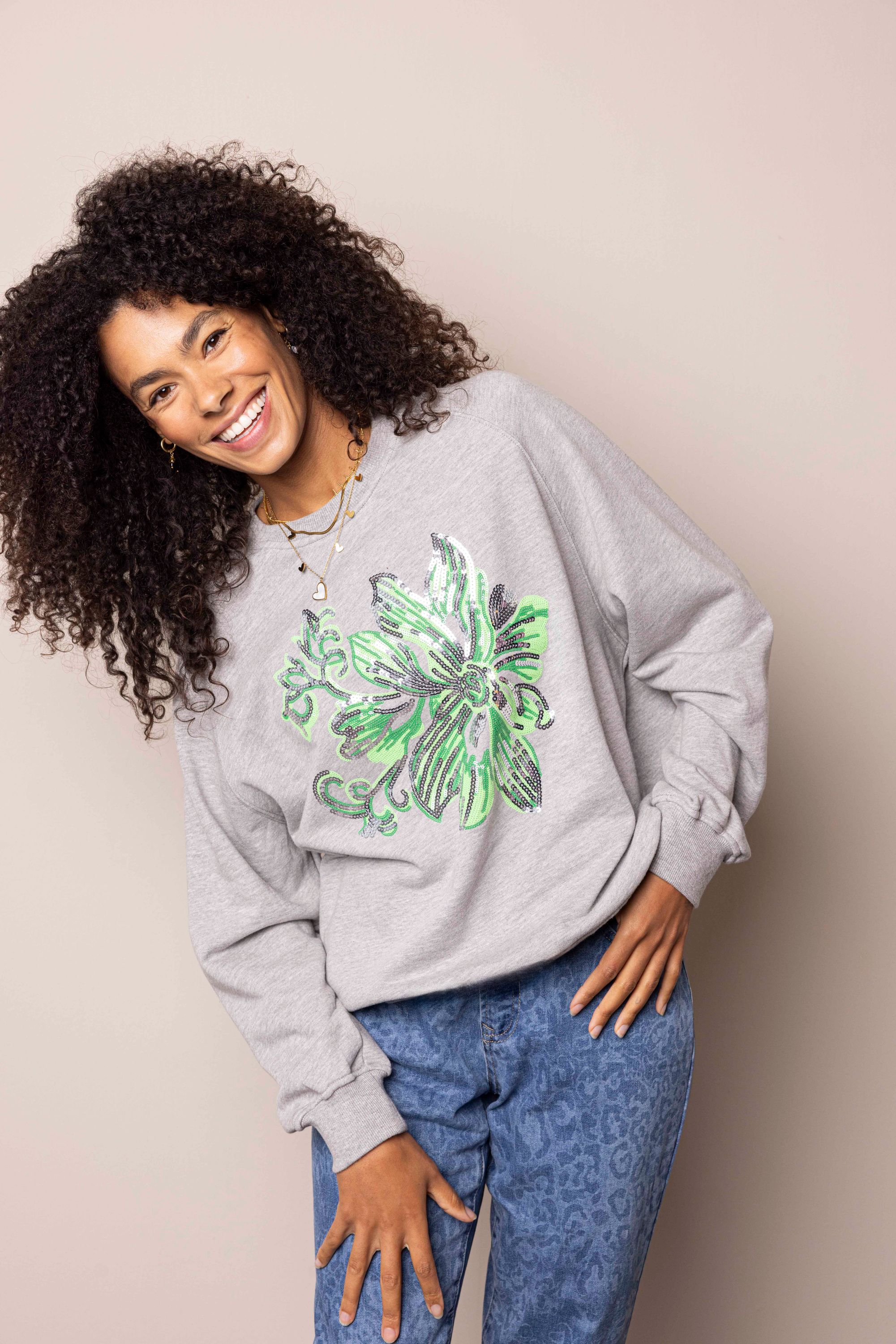 Norah Sweater met bloem grey melange 217812-050-46