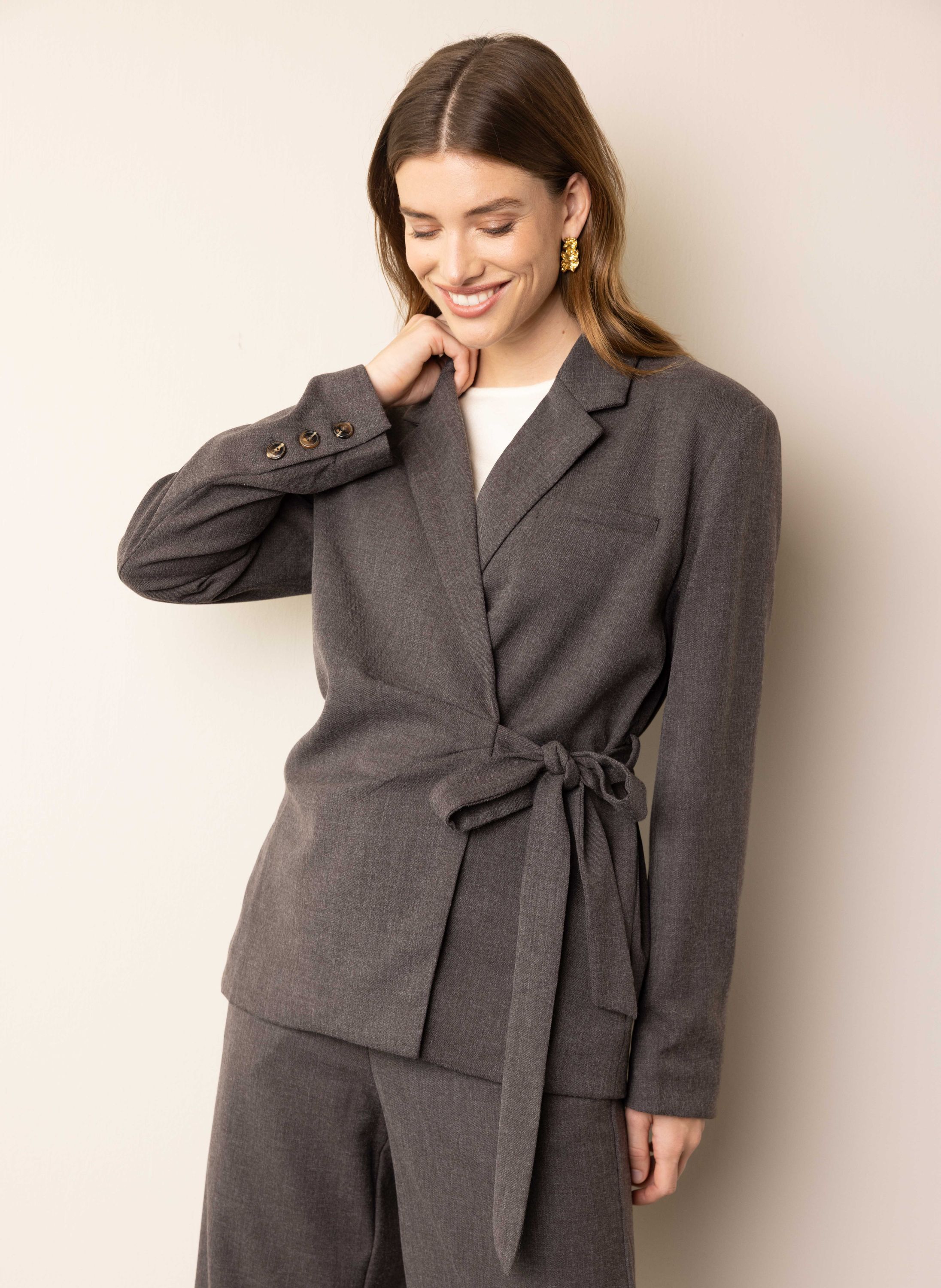 Norah Bruine blazer met overslag brown melange 217934-250-36