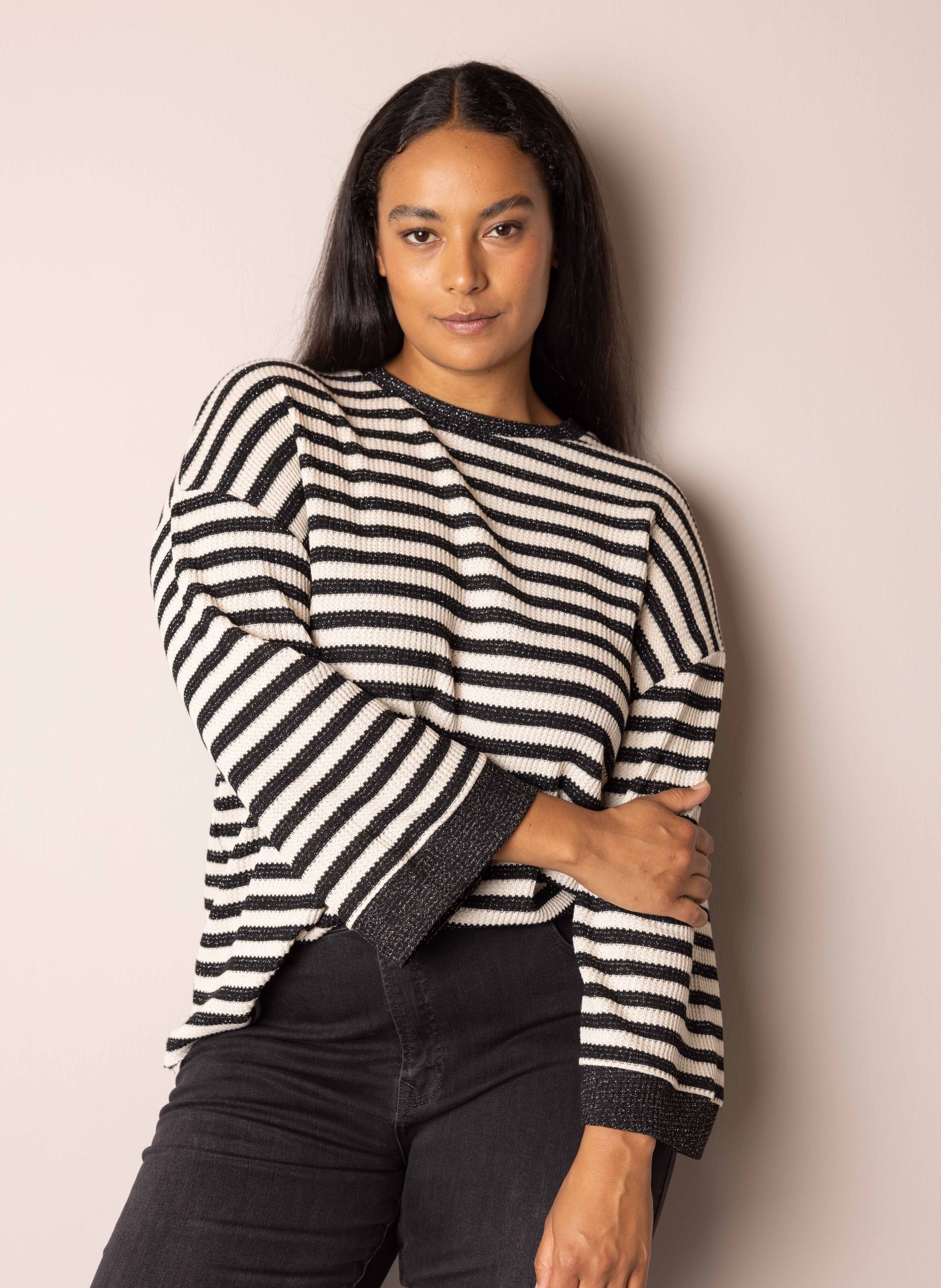 Norah Gestreept shirt met glans ecru/black 217947-170-36