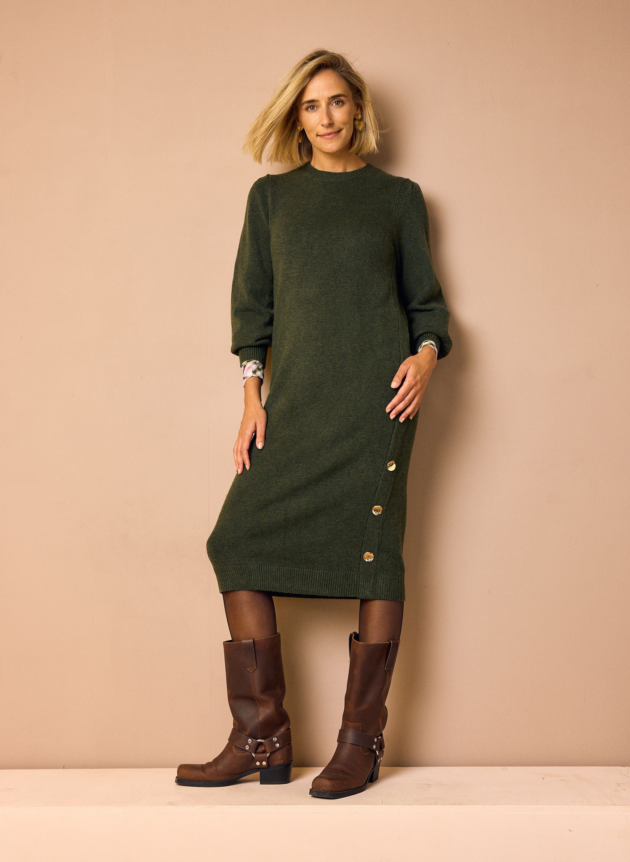 Norah Groene gebreide midi jurk dark army 217948-580