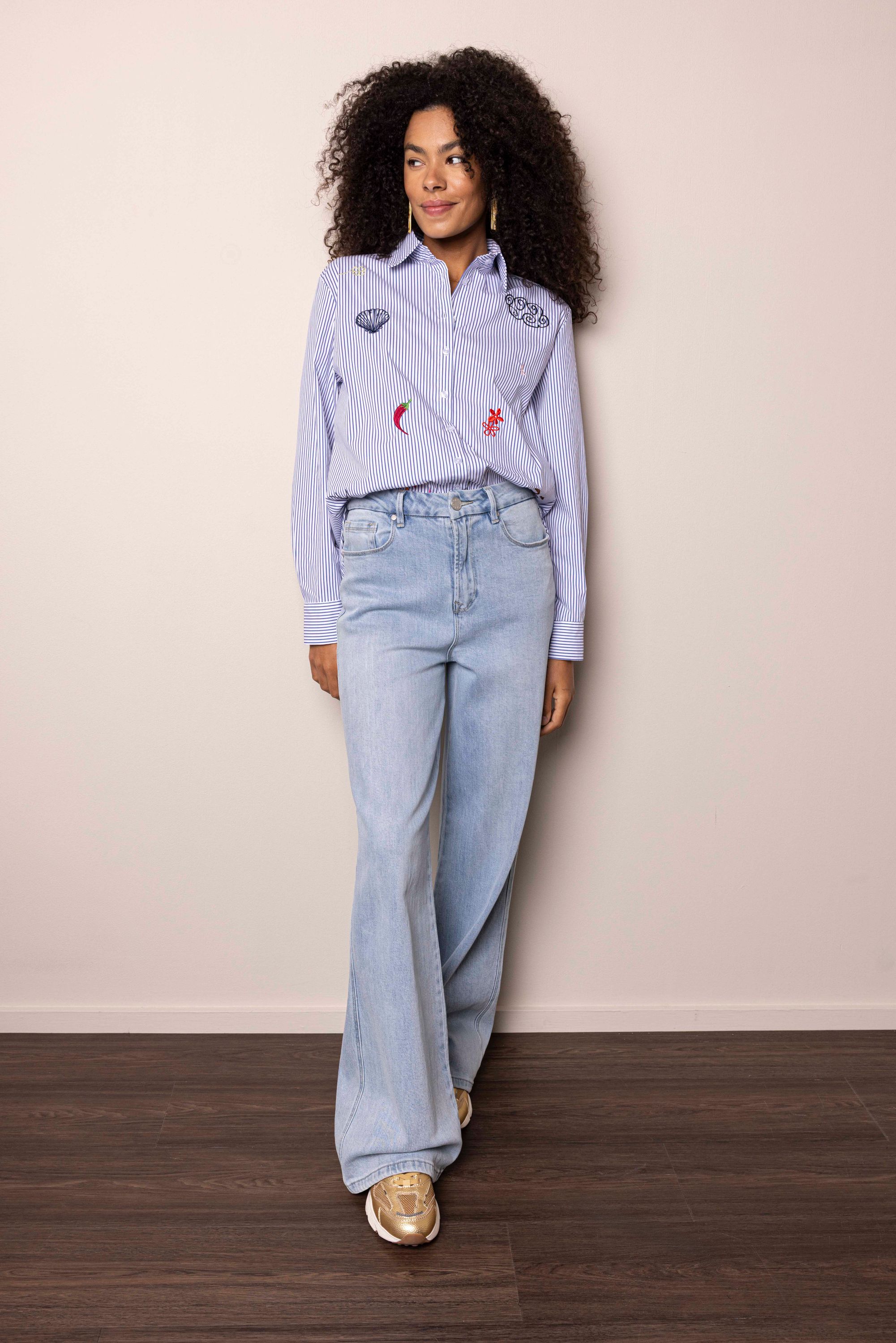 Norah Wit/blauw gestreepte blouse met borduursels white/blue 217985-135-44